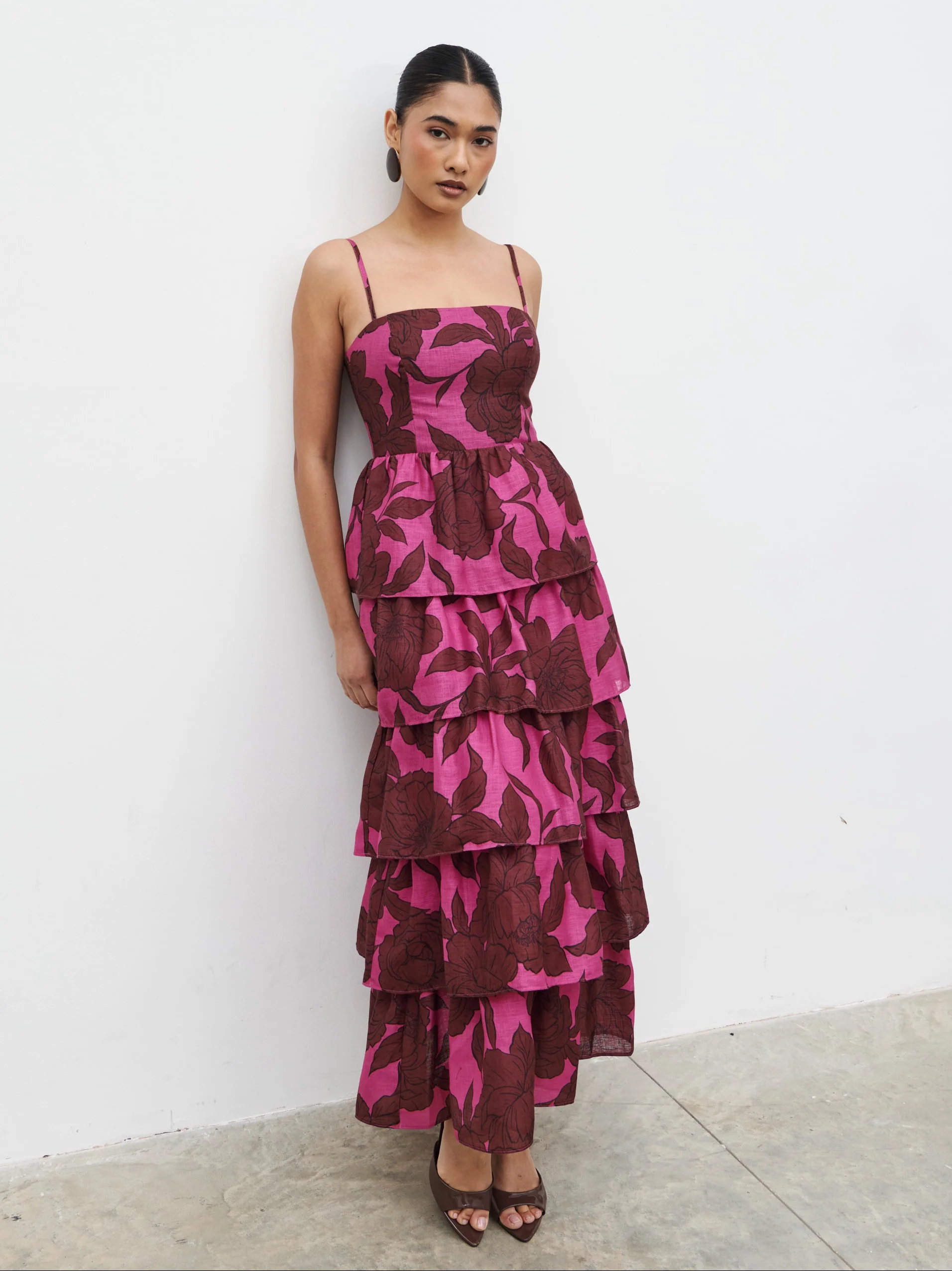 Aalyiah Square Neck Ruffle Midaxi Dress - Brown and Fuchsia Floral