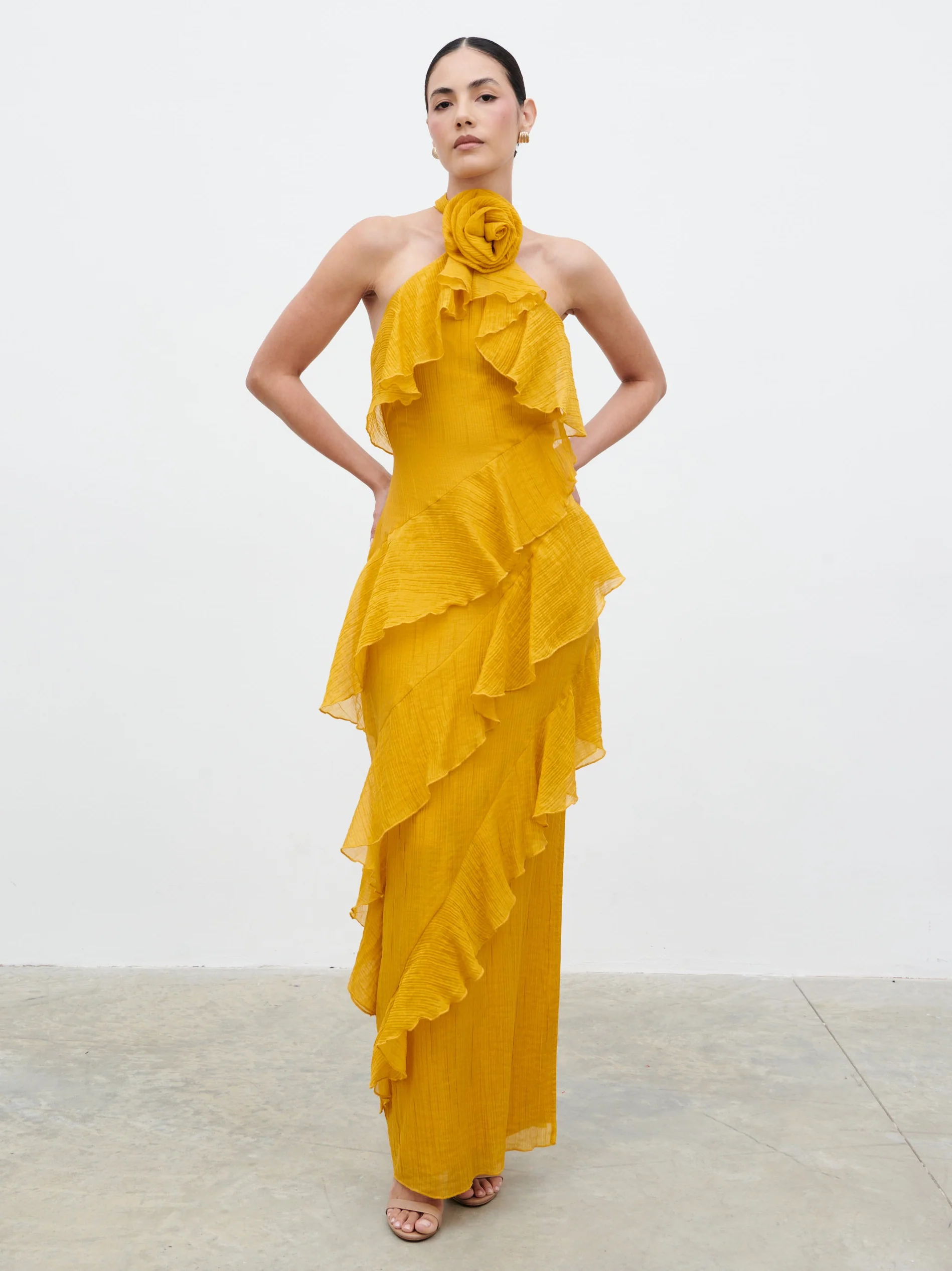 Addison Corsage Ruffle Maxi Dress - Yellow Ochre