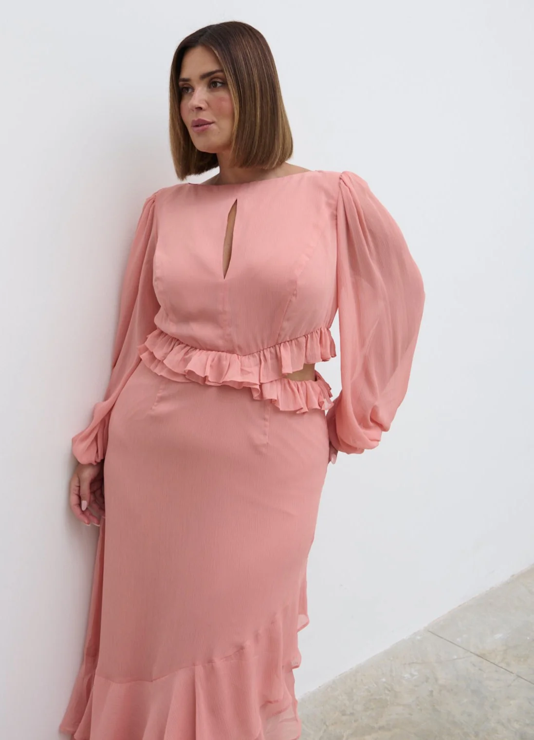 Adelina Cut Out Ruffle Maxi Dress Curve - Apricot Ice - Image 3