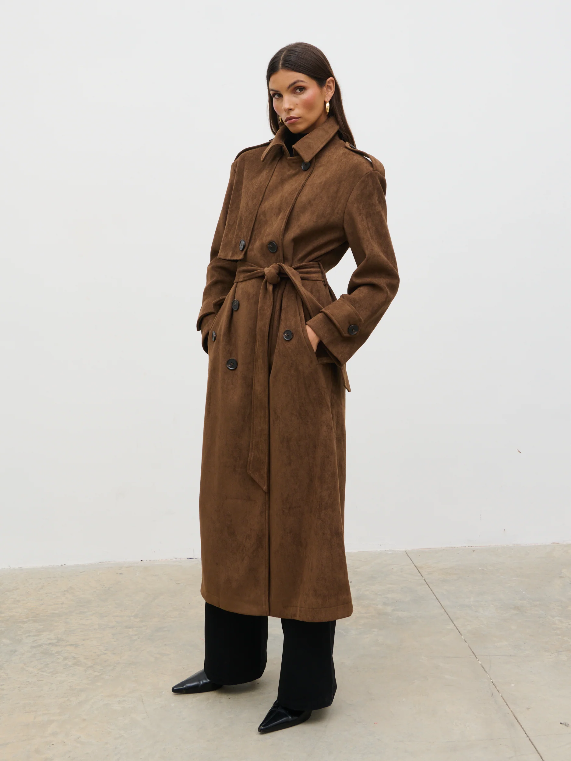 Agnes Longline Faux Suede Trench Coat - Chocolate Brown - Image 2