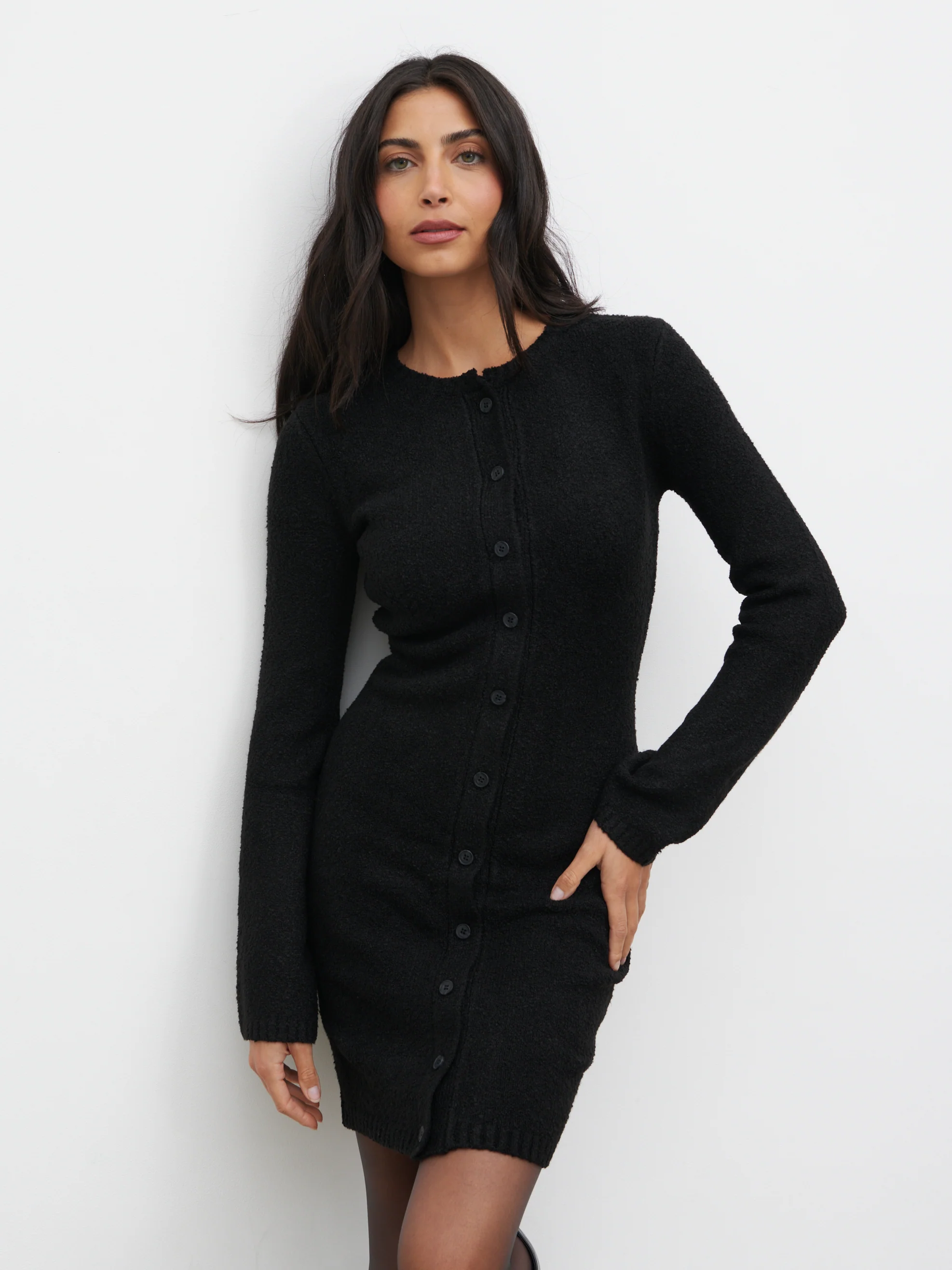 Aida Mini Button Down Knit Dress - Black