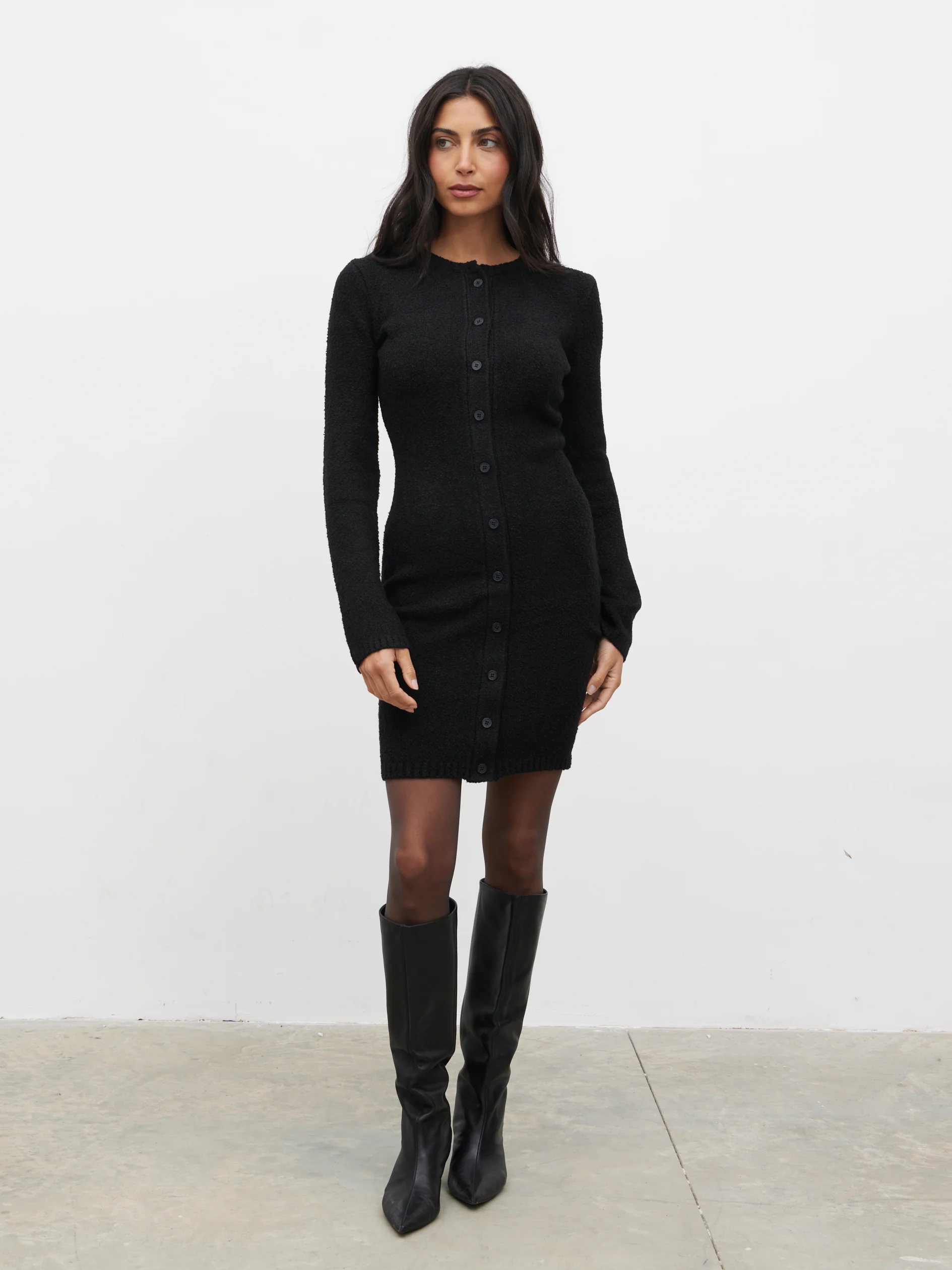 Aida Mini Button Down Knit Dress - Black - Image 2