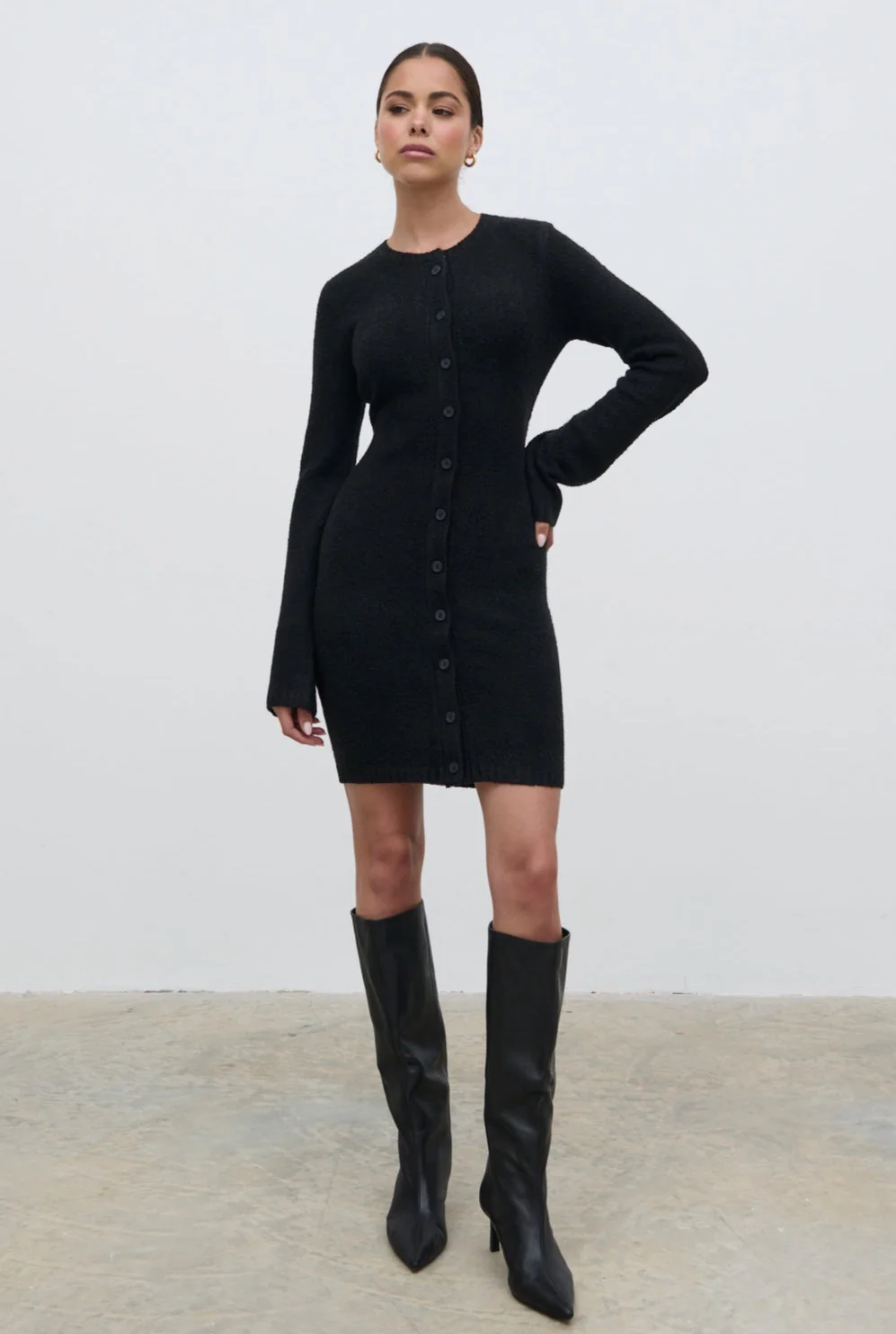 Aida Mini Button Down Knit Dress - Black - Image 5