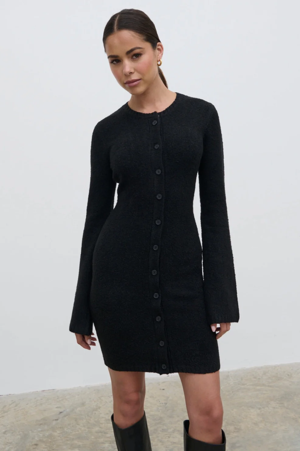 Aida Mini Button Down Knit Dress - Black - Image 7