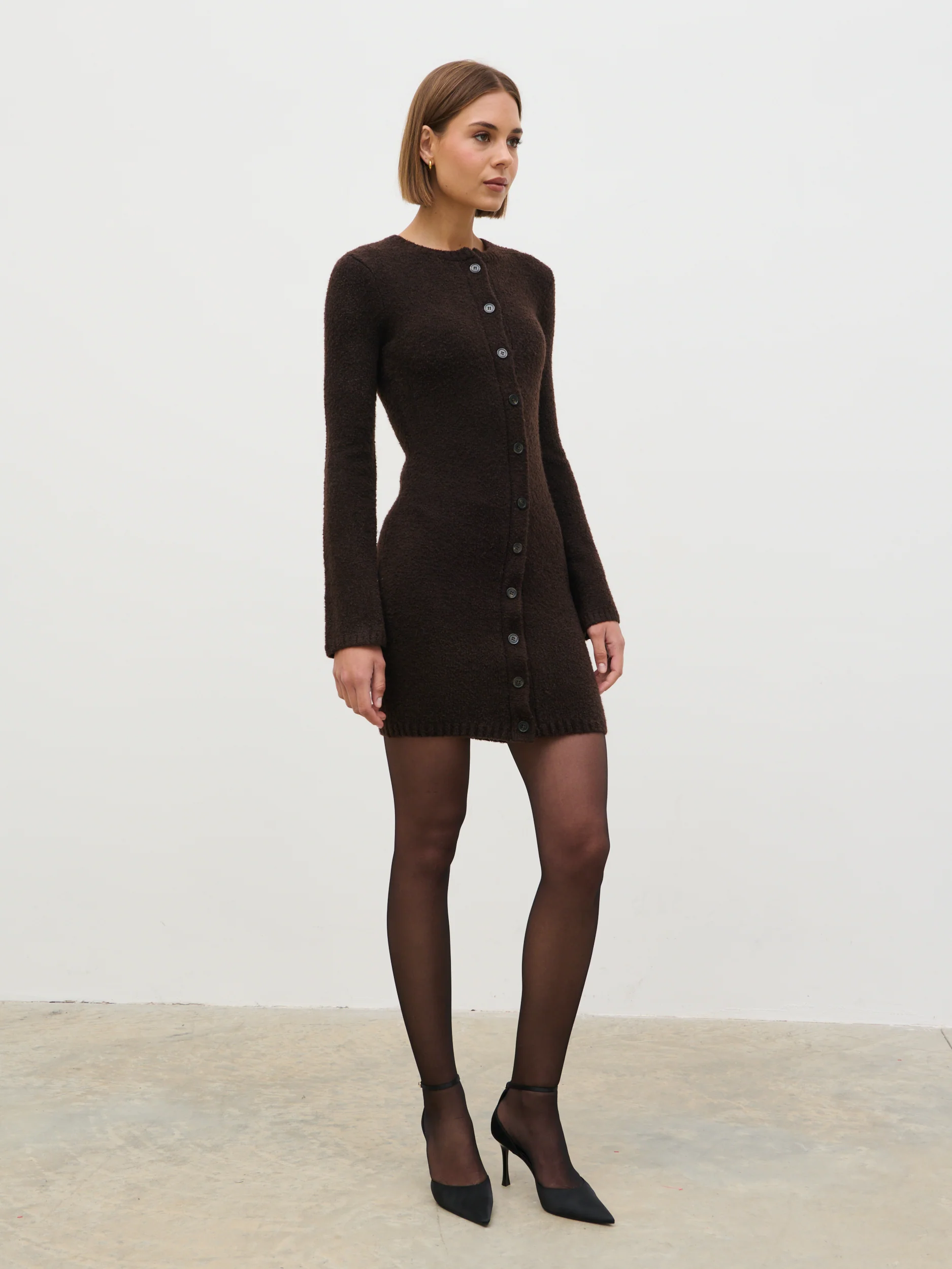 Aida Mini Button Down Knit Dress - Brown - Image 2