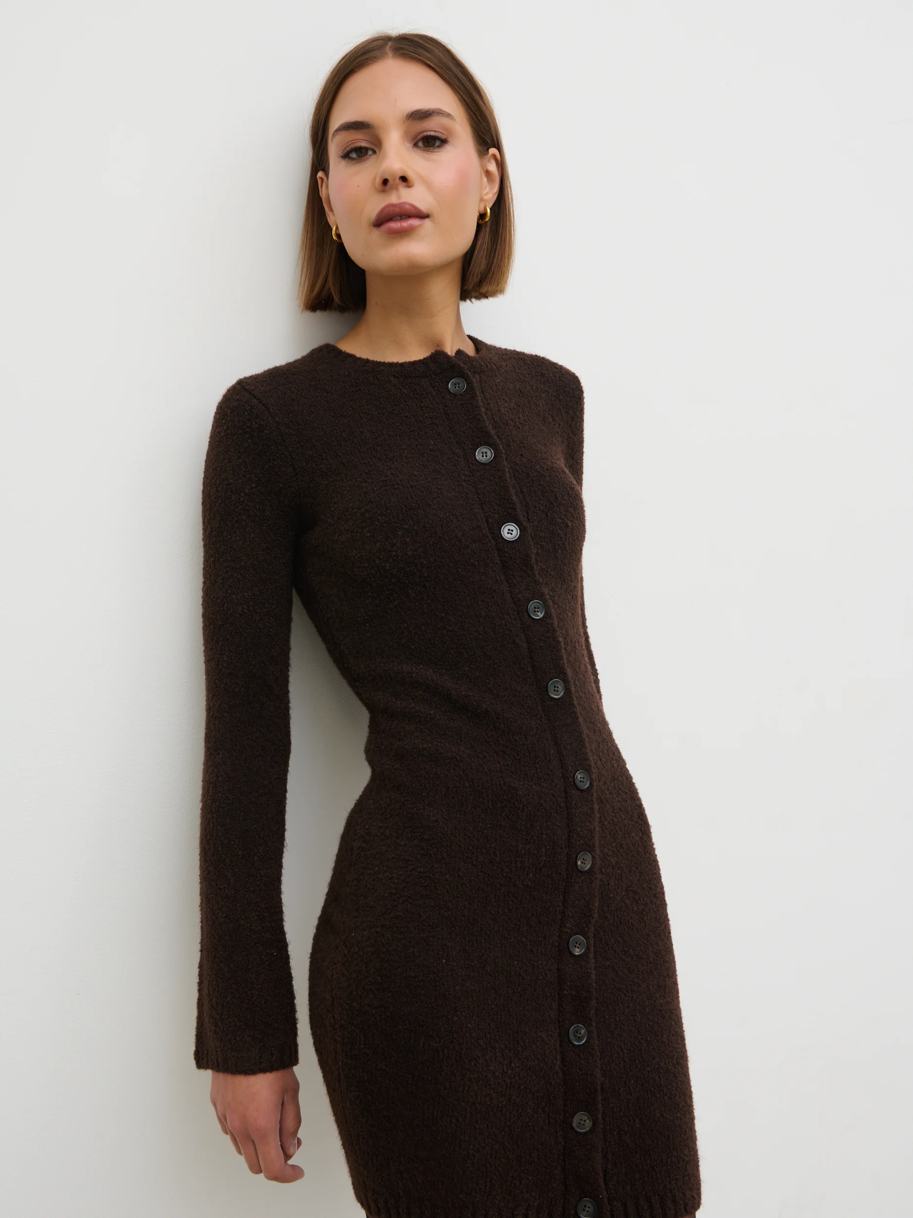 Aida Mini Button Down Knit Dress - Brown - Image 3
