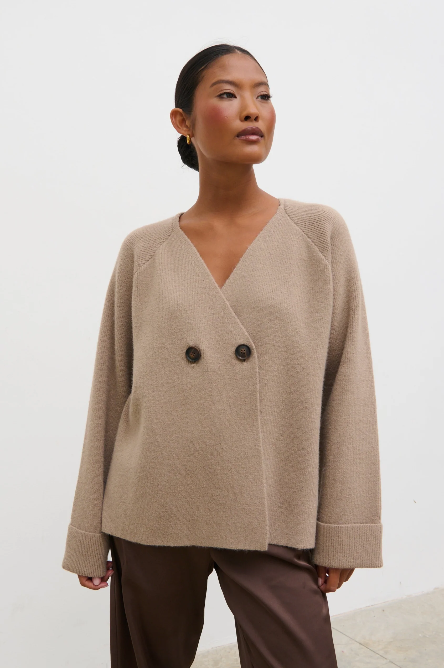 Aisha Double Breasted Knit Cardigan - Dusty Taupe