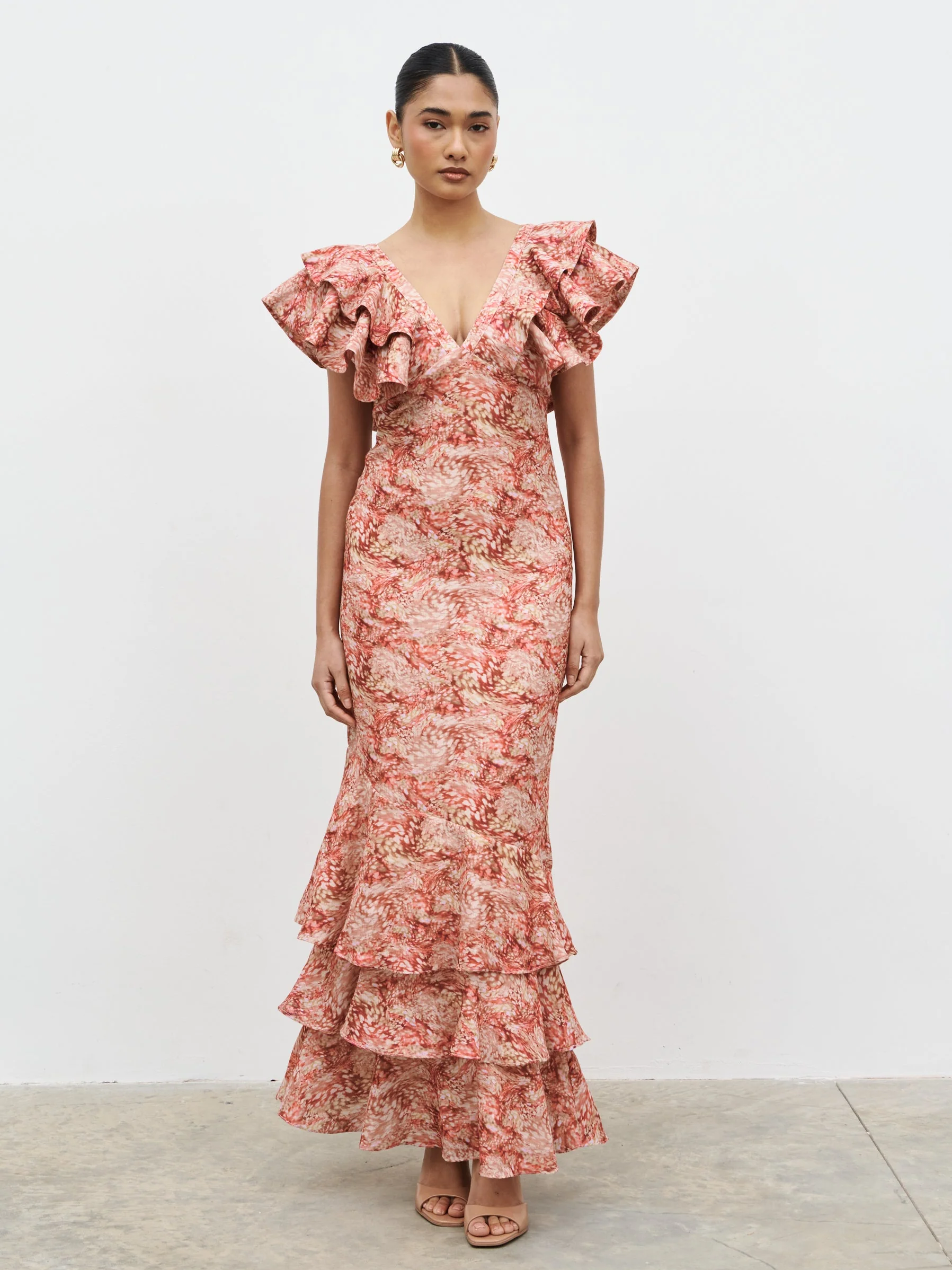 Alani V Neck Ruffle Maxi Dress - Berry Multi Abstract