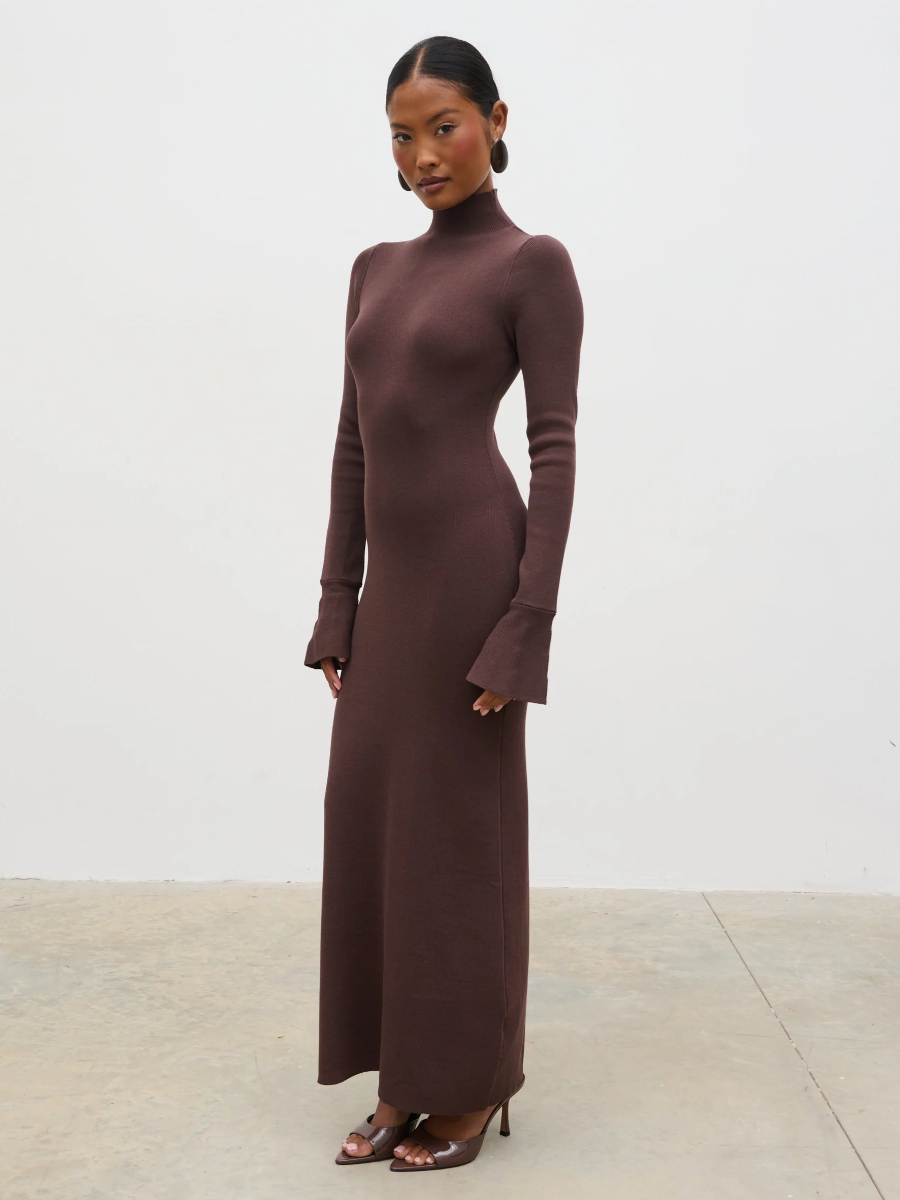 Alina High Neck Knit Midaxi Dress - Brown