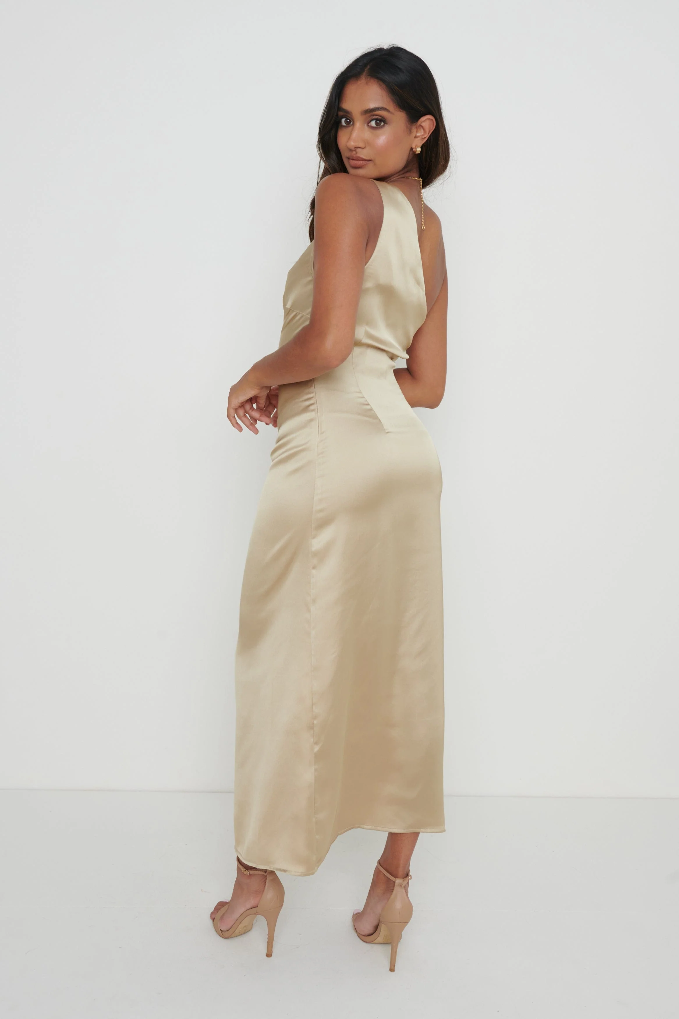Amelia One Shoulder Ruched Satin Dress - Gold - Image 4