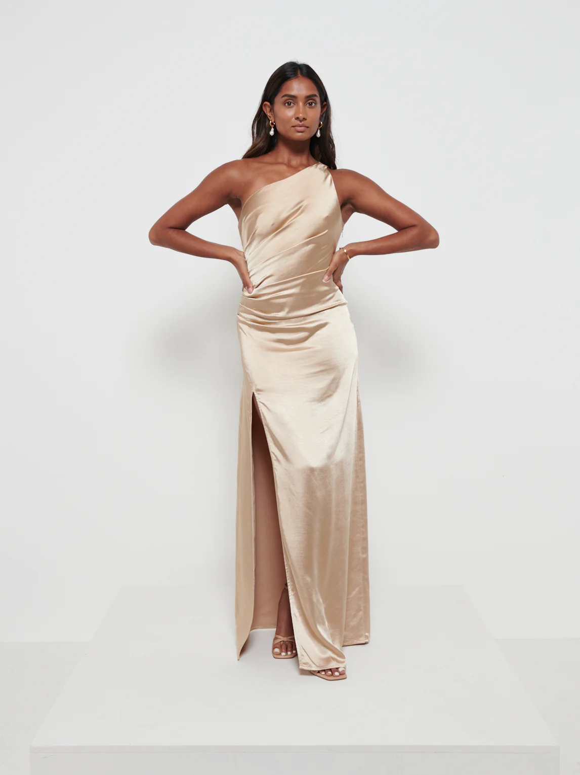 Amelia Ruched Maxi Bridesmaid Dress - Matte Bronze