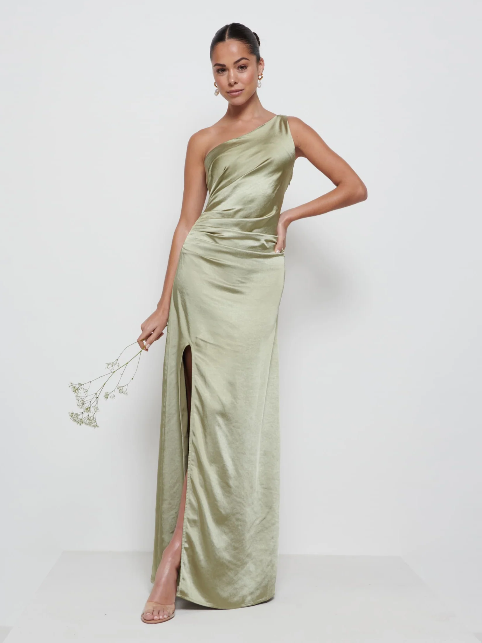 Amelia Ruched Maxi Bridesmaid Dress - Matte Olive