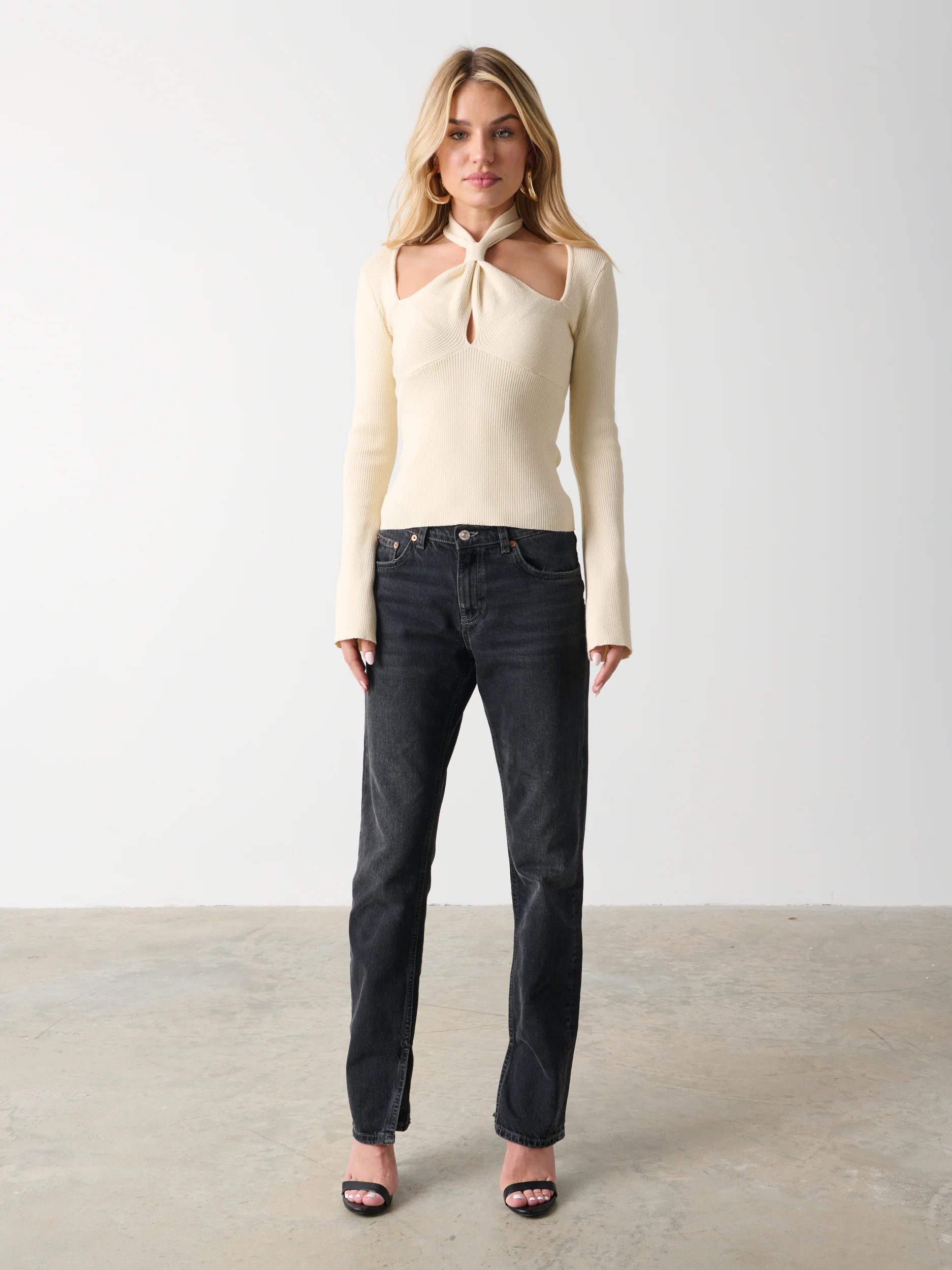 Amity Knotted Halterneck Long Sleeve Top - Cream - Image 6