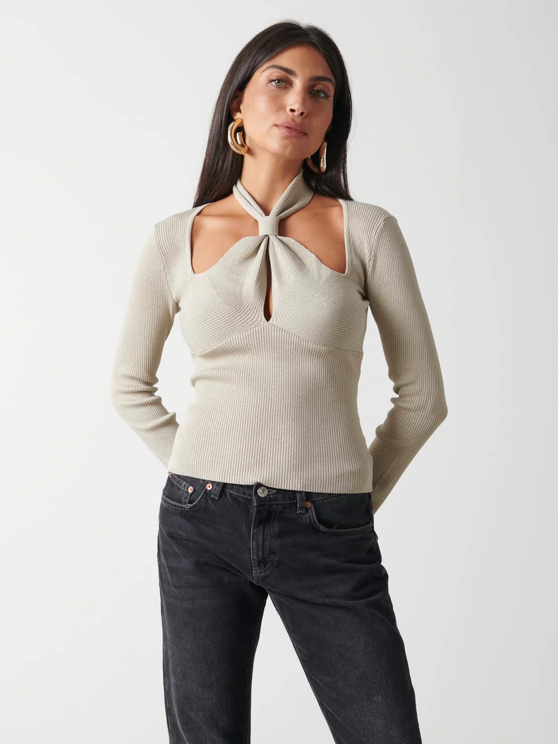 Amity Knotted Halterneck Long Sleeve Top - Gold Metallic - Image 3
