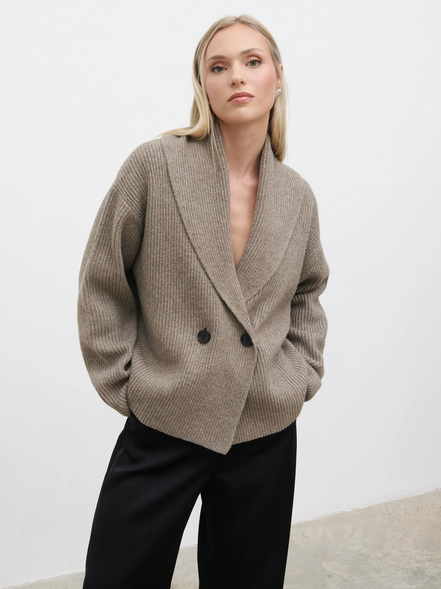 Ana Cross Over Collared Knit Cardigan - Dark Mushroom