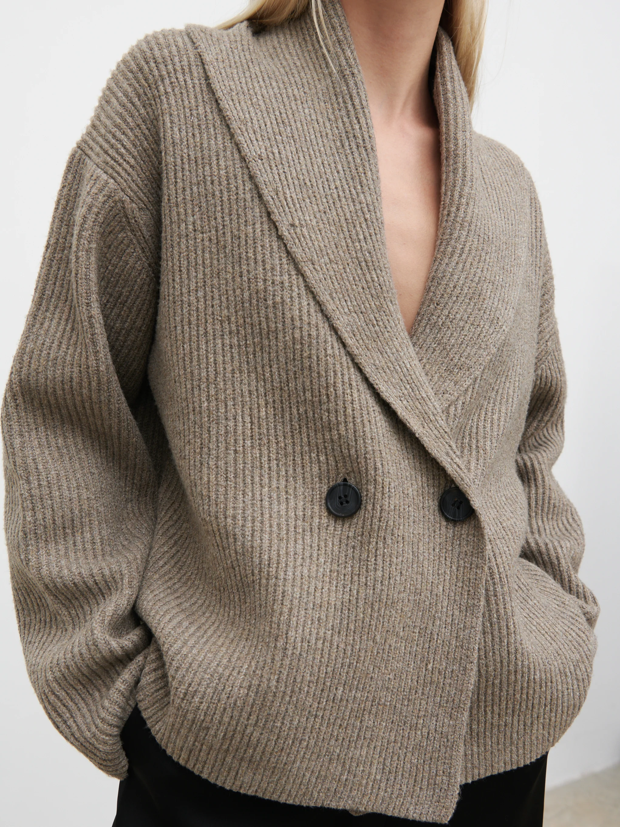 Ana Cross Over Collared Knit Cardigan - Dark Mushroom - Image 3