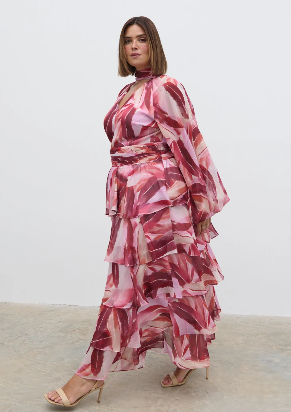 Anya Plunge Neck Ruffle Maxi Dress Curve - Feather Print - Image 3