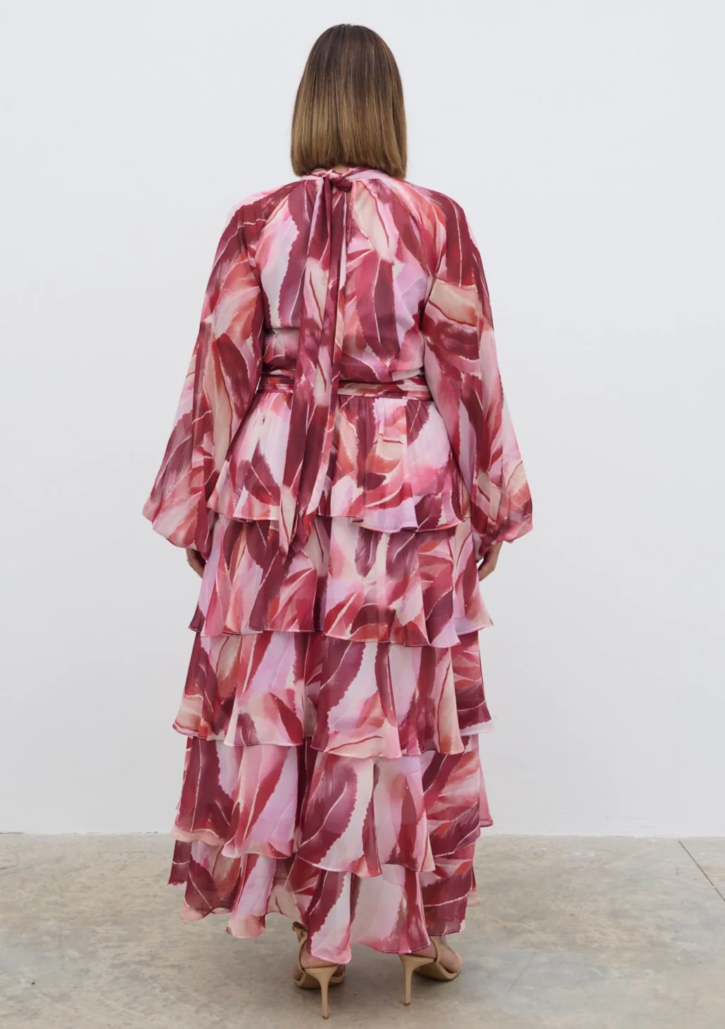 Anya Plunge Neck Ruffle Maxi Dress Curve - Feather Print - Image 4