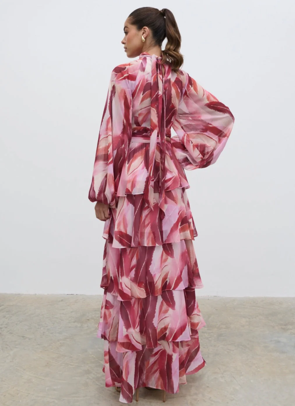 Anya Plunge Neck Ruffle Maxi Dress - Feather Print - Image 4