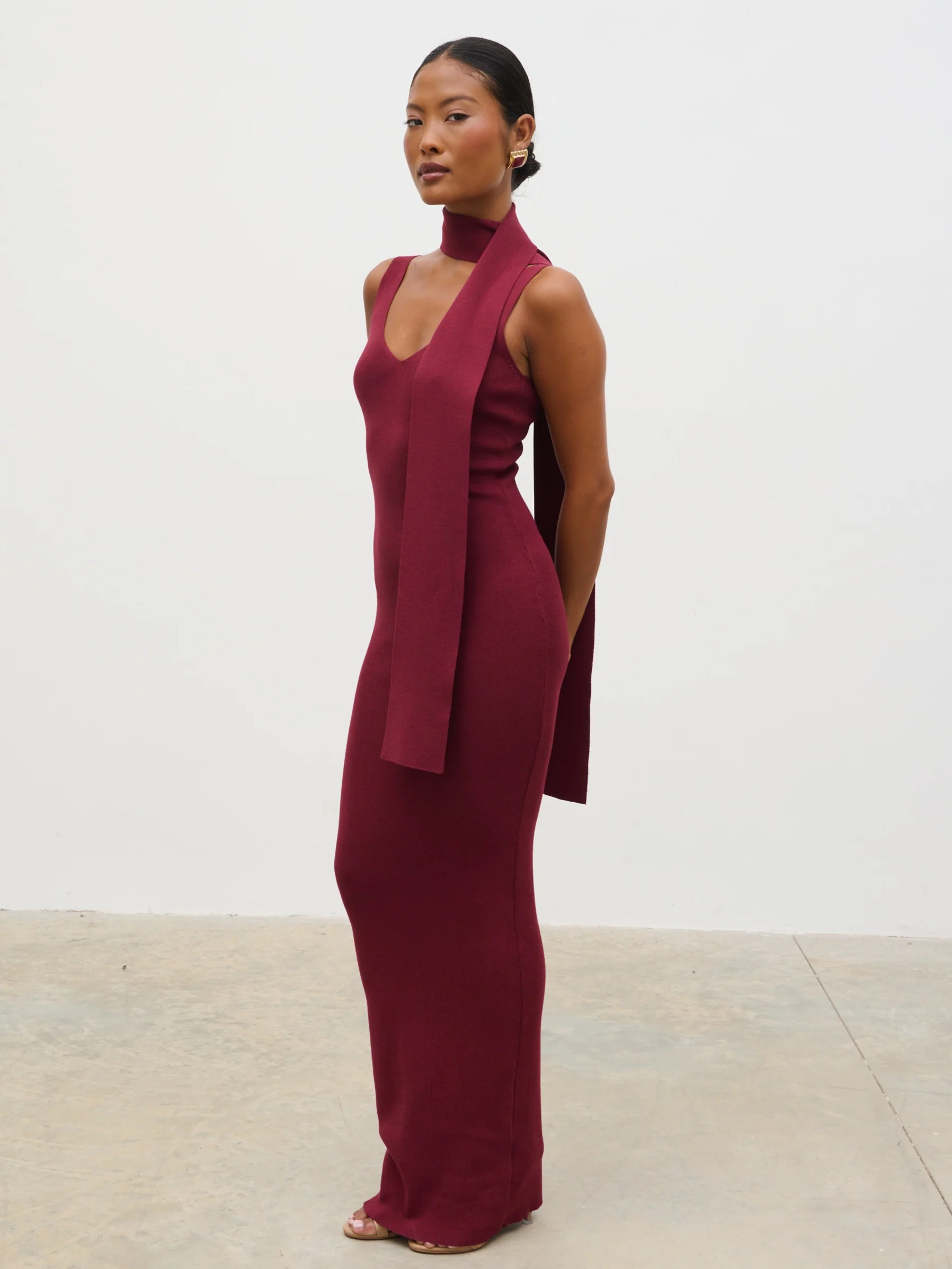 Arabella Knit Maxi Dress with Neck Tie - Wine