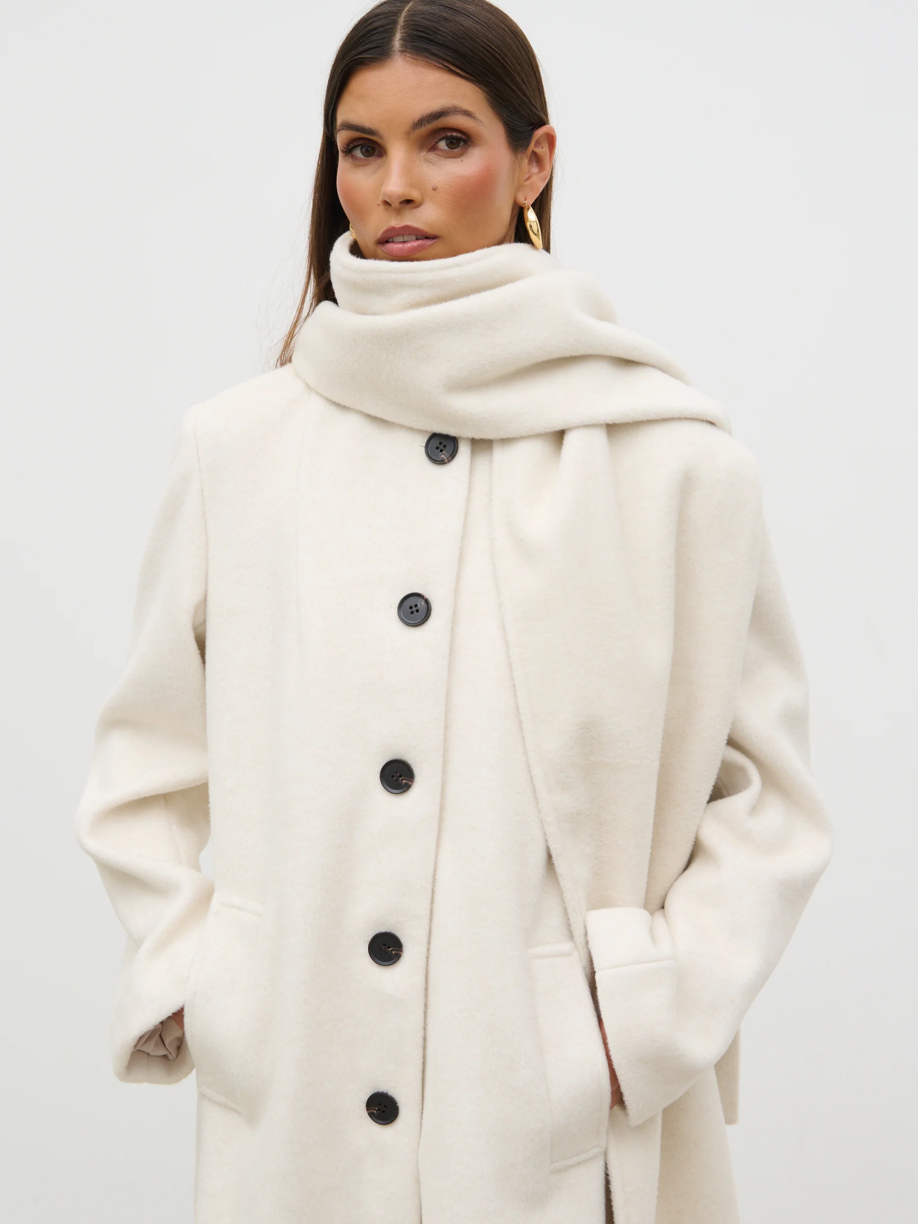 Ari Collarless Coat with Scarf - Cream