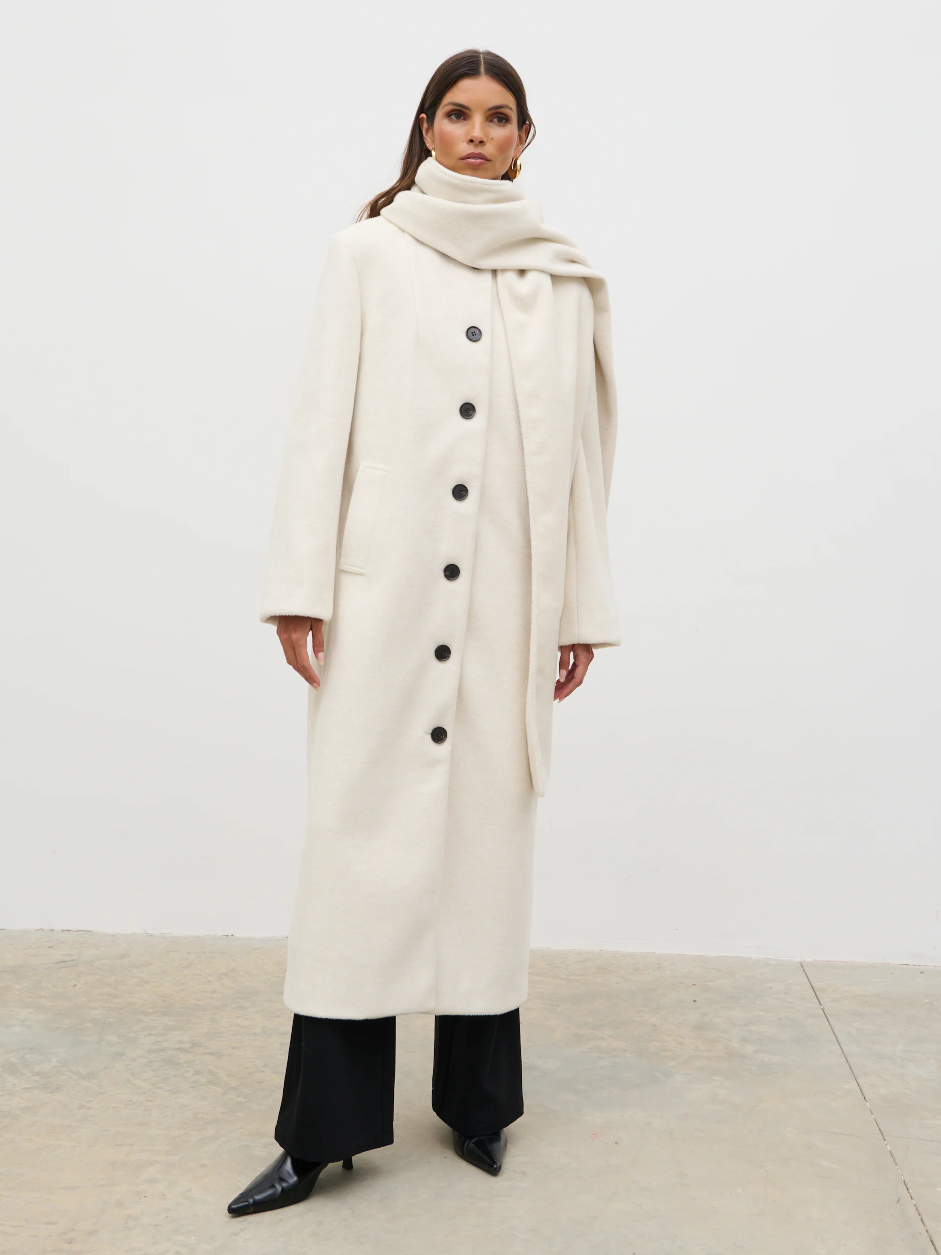 Ari Collarless Coat with Scarf - Cream - Image 2