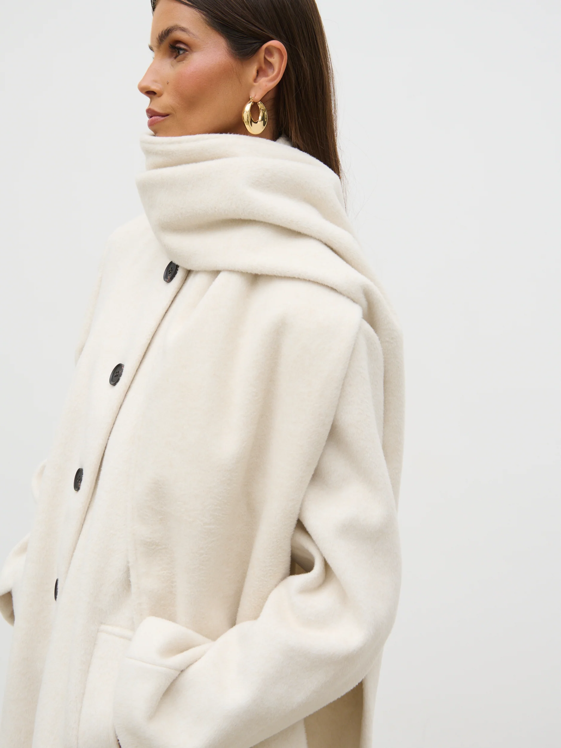 Ari Collarless Coat with Scarf - Cream - Image 3