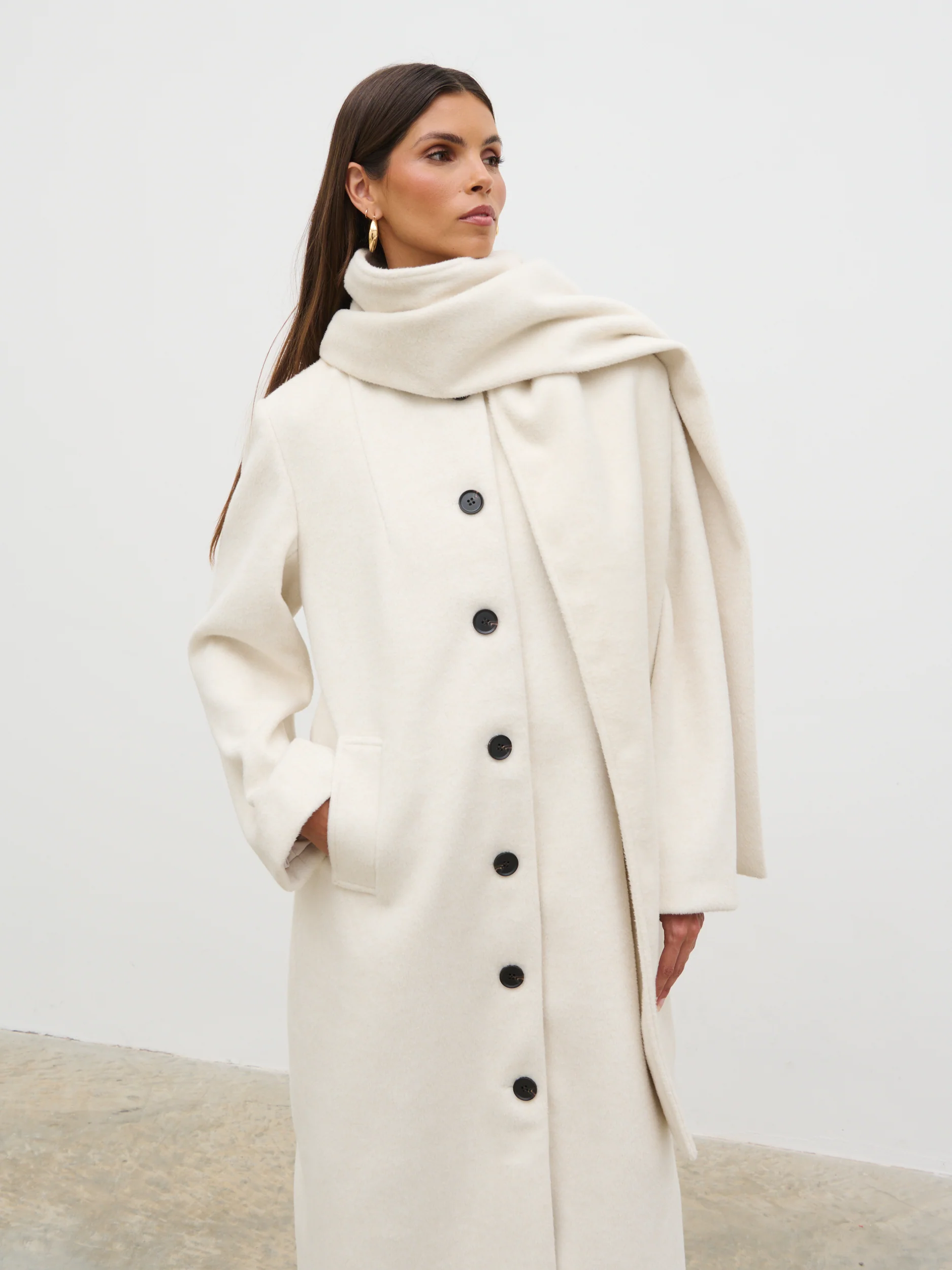 Ari Collarless Coat with Scarf - Cream - Image 5