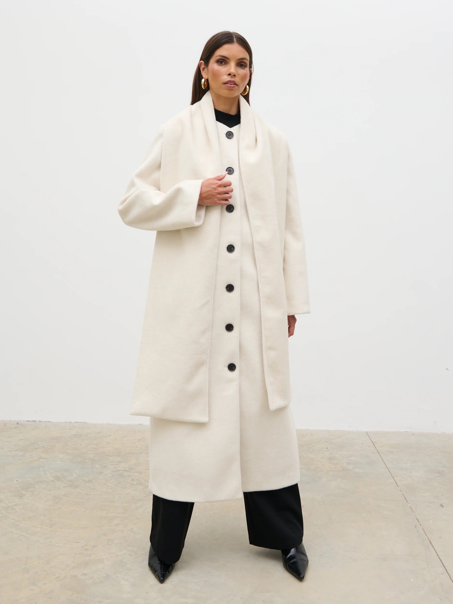 Ari Collarless Coat with Scarf - Cream - Image 6