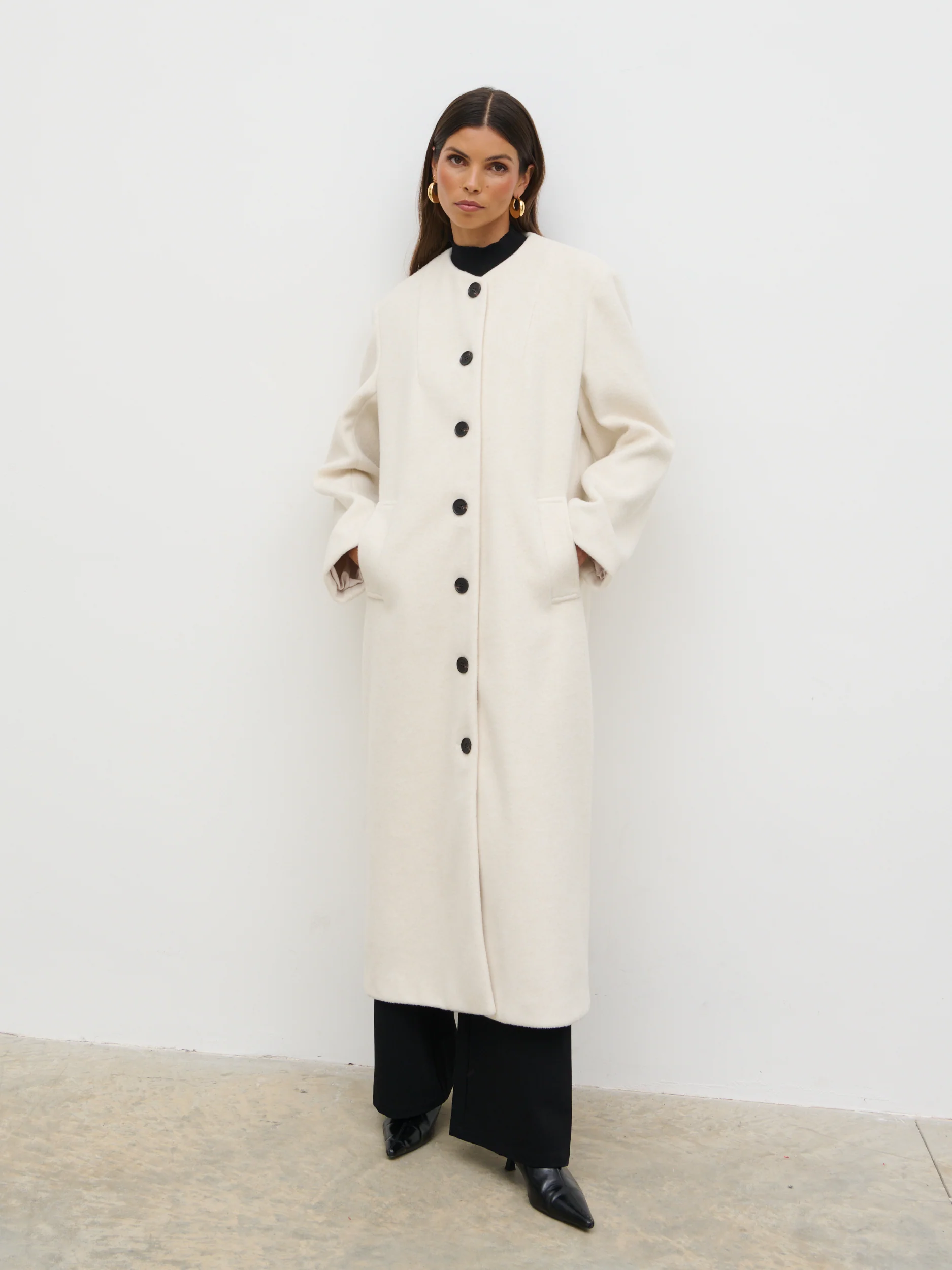 Ari Collarless Coat with Scarf - Cream - Image 7
