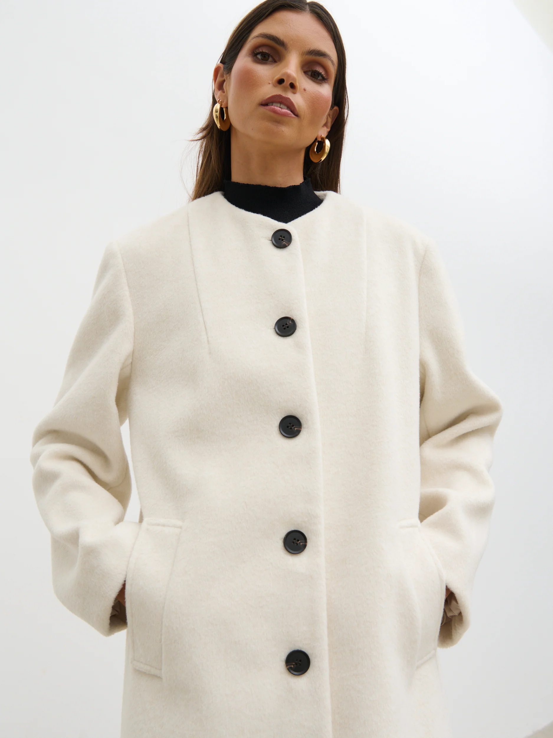 Ari Collarless Coat with Scarf - Cream - Image 8