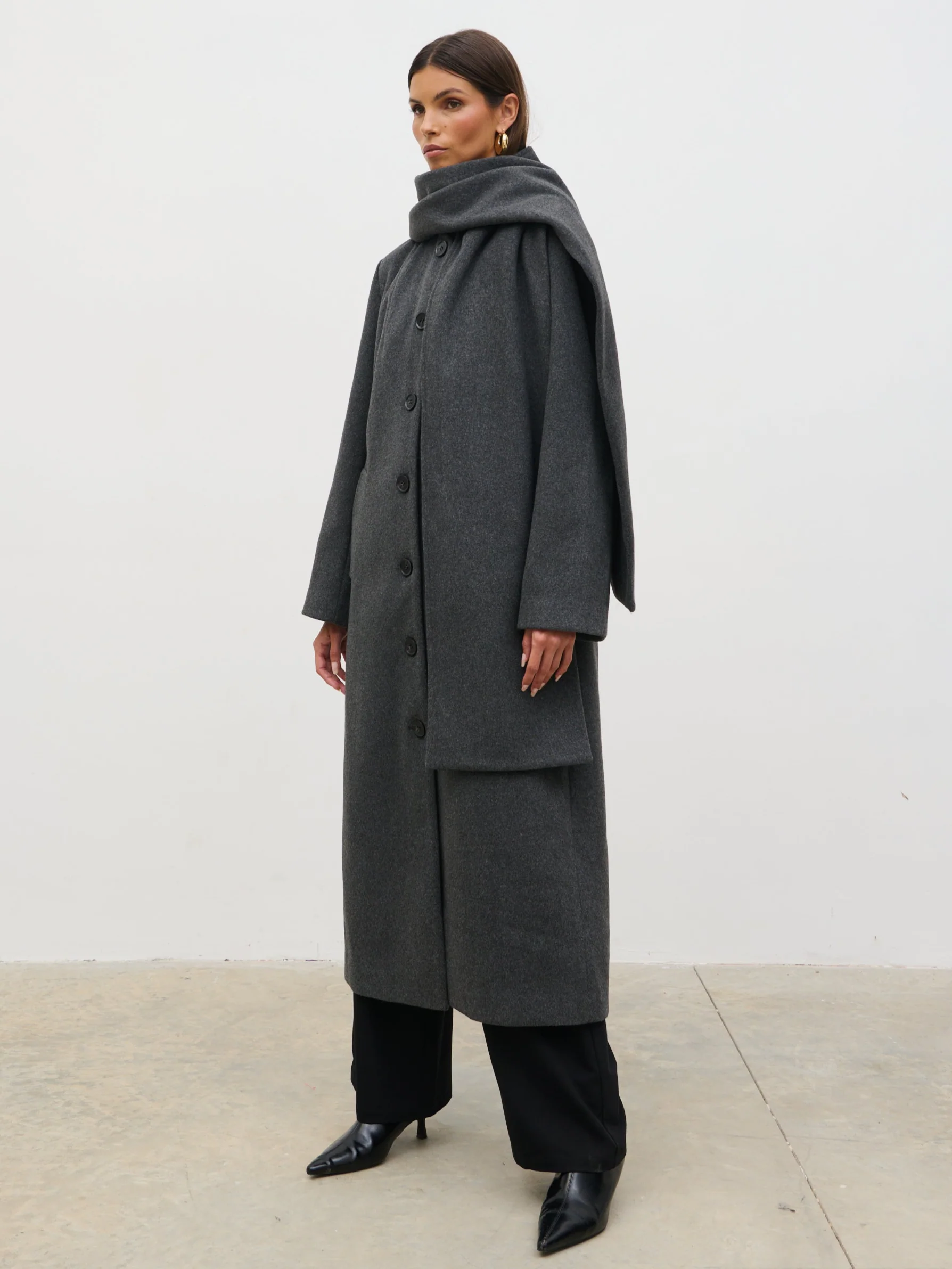Ari Collarless Coat with Scarf - Grey