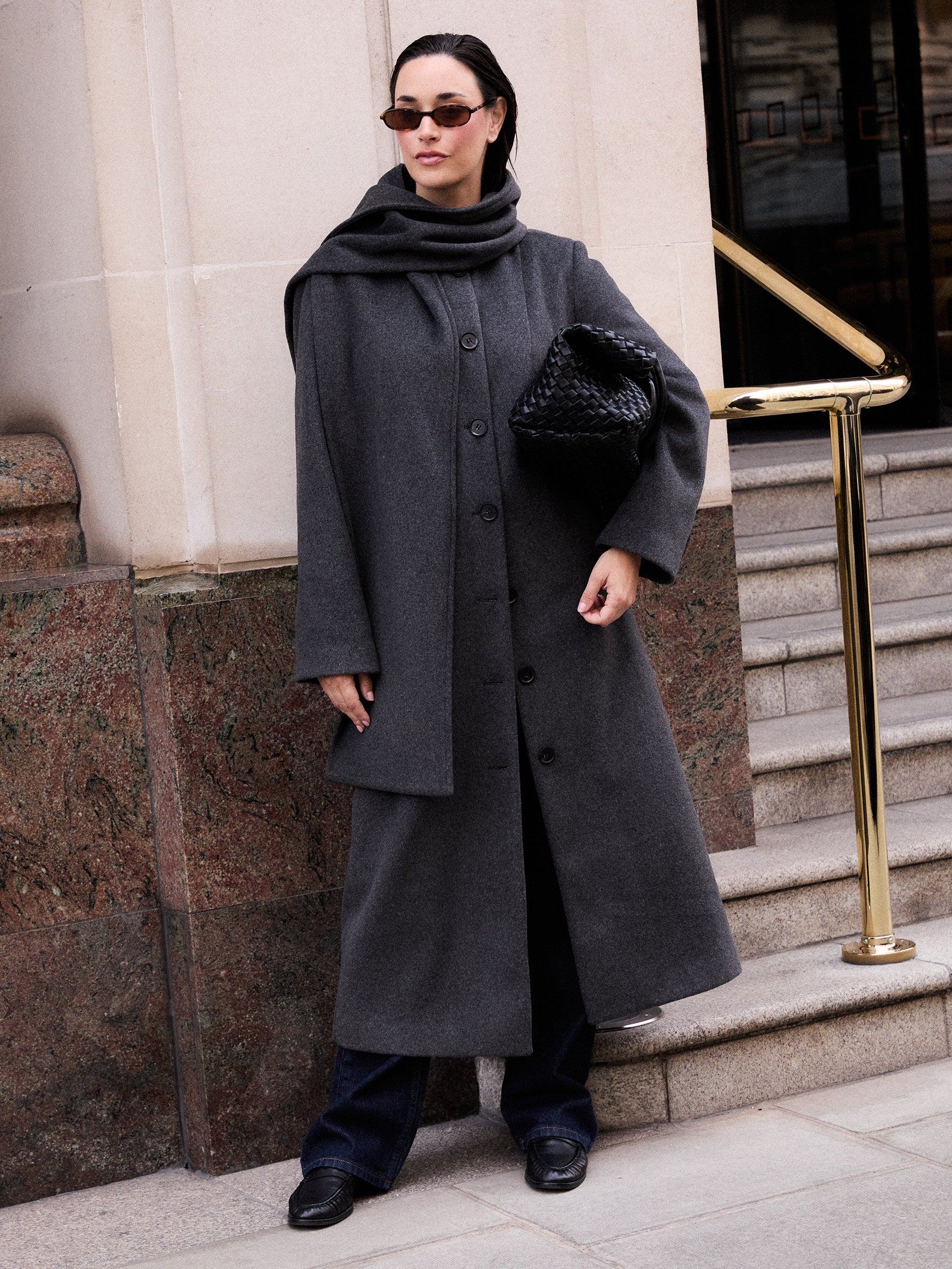 Ari Collarless Coat with Scarf - Grey - Image 2