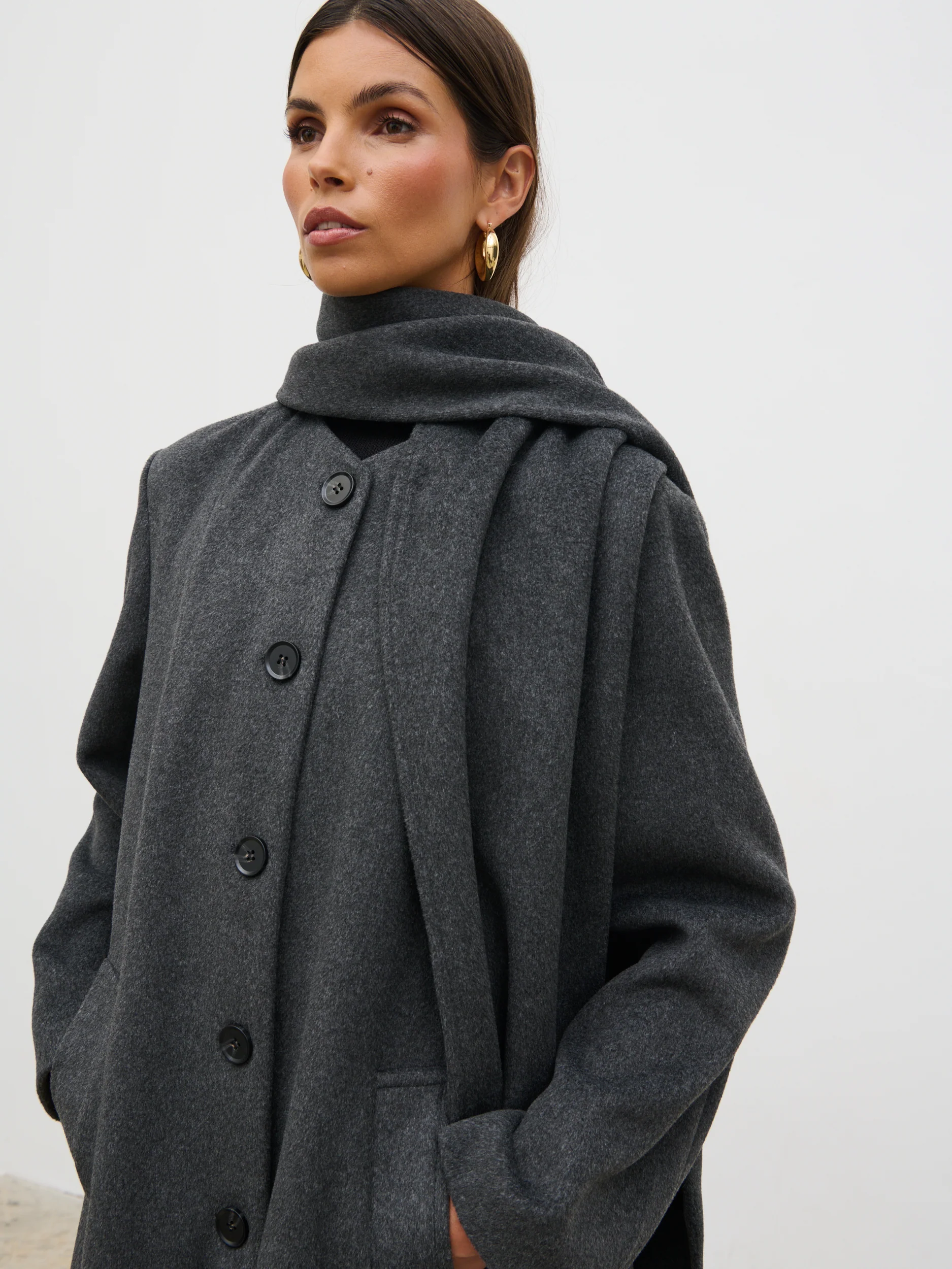 Ari Collarless Coat with Scarf - Grey - Image 3
