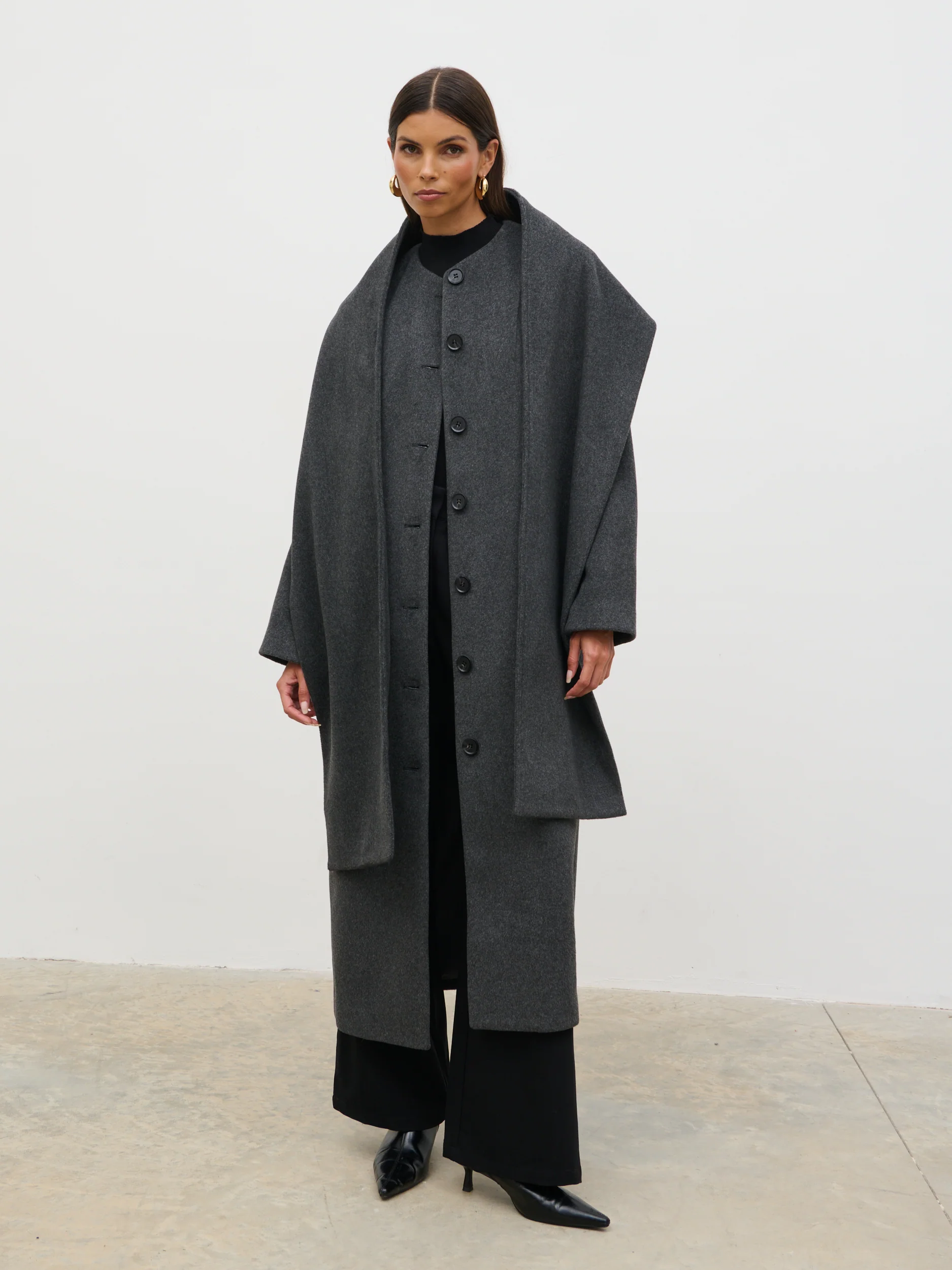 Ari Collarless Coat with Scarf - Grey - Image 5
