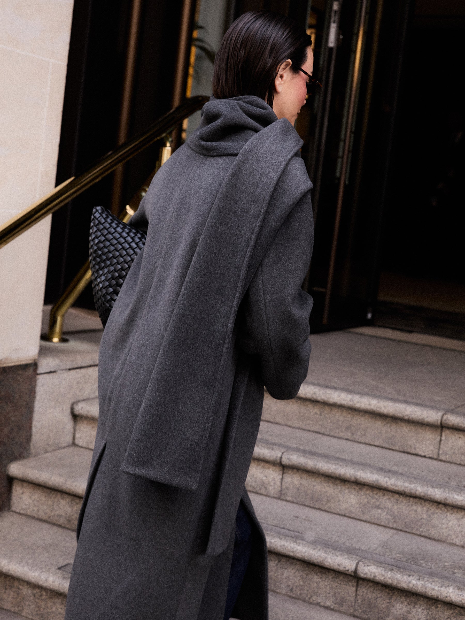 Ari Collarless Coat with Scarf - Grey - Image 6