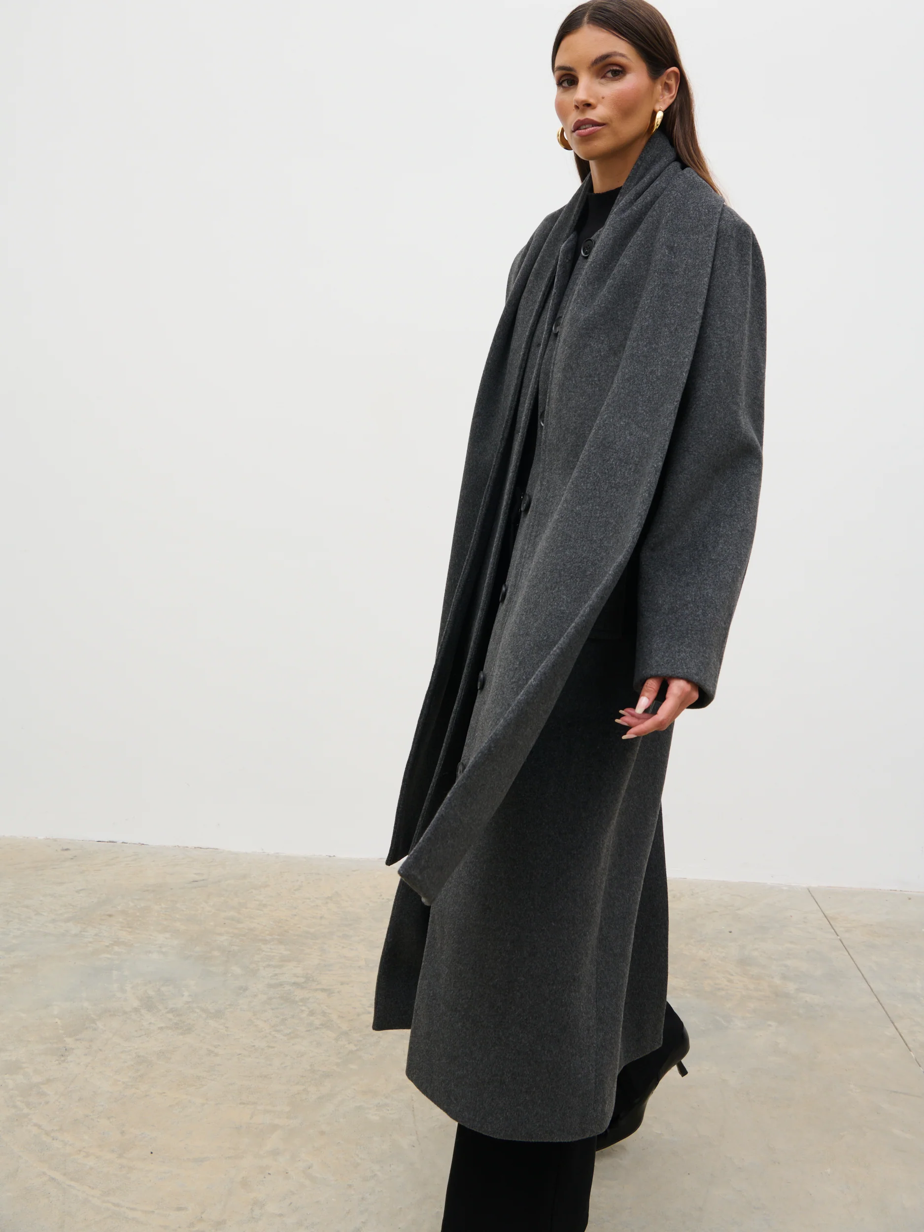 Ari Collarless Coat with Scarf - Grey - Image 7