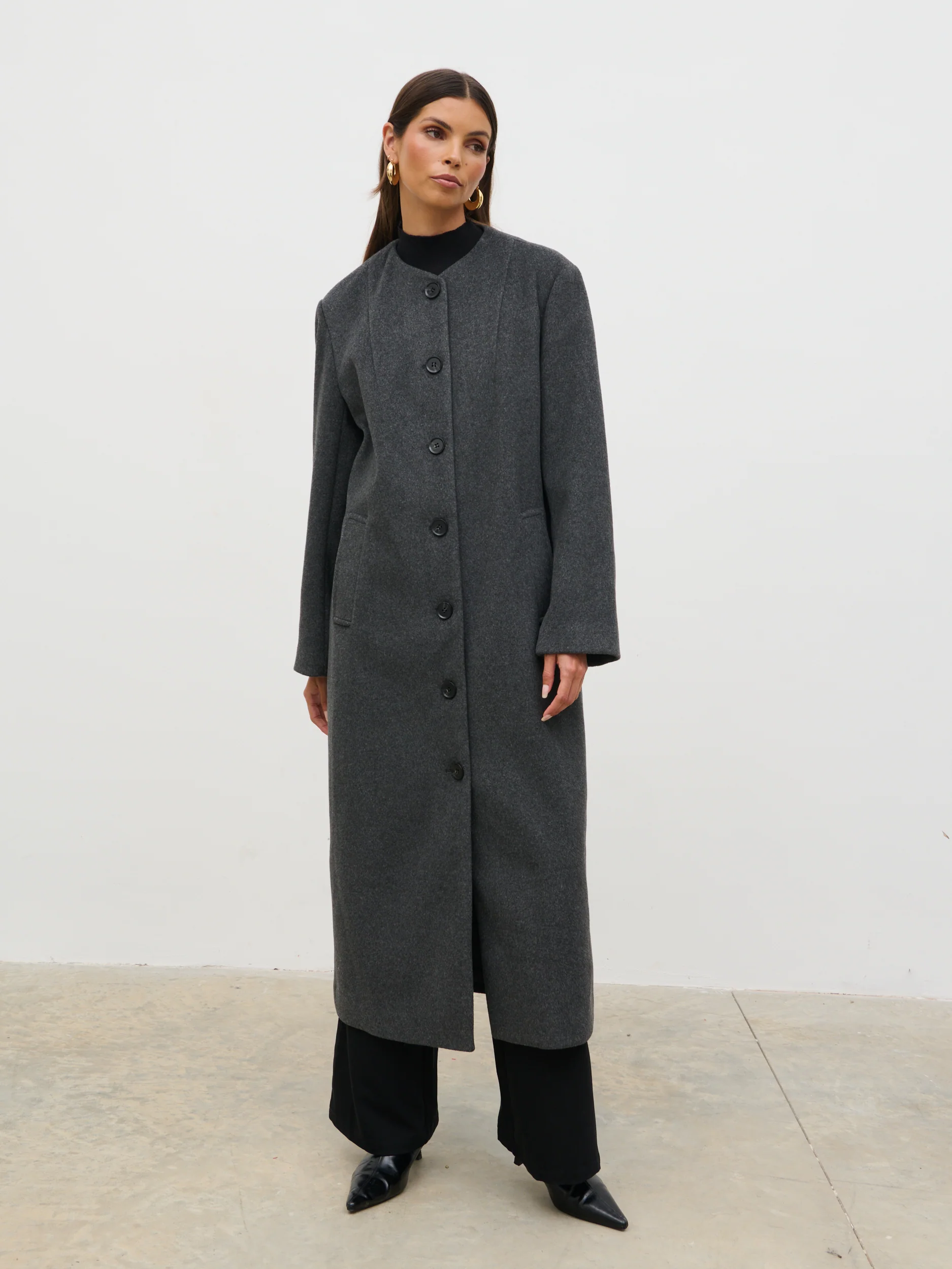 Ari Collarless Coat with Scarf - Grey - Image 8