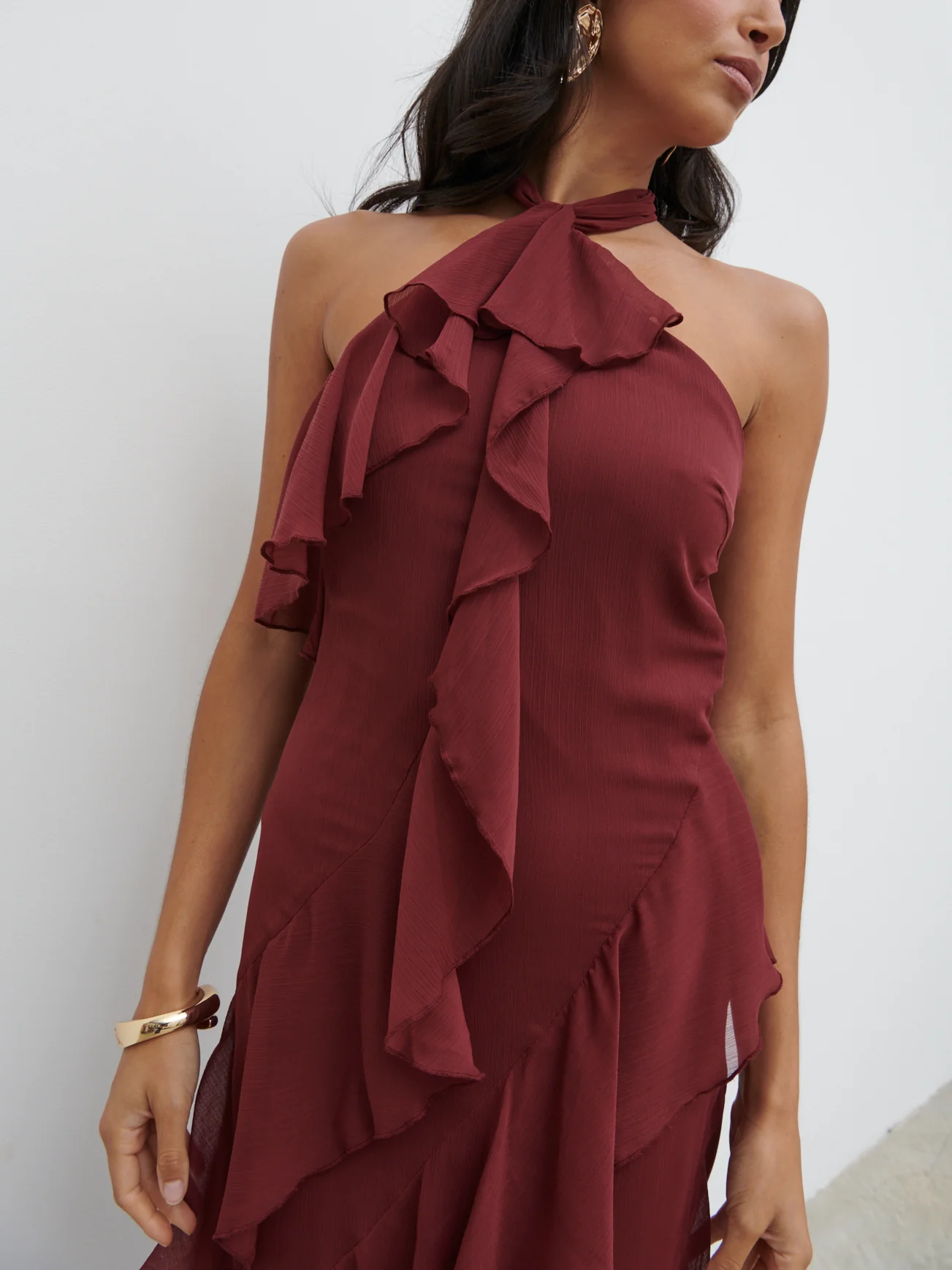 Aria Halter Neck Ruffle Maxi Dress - Wine - Image 2