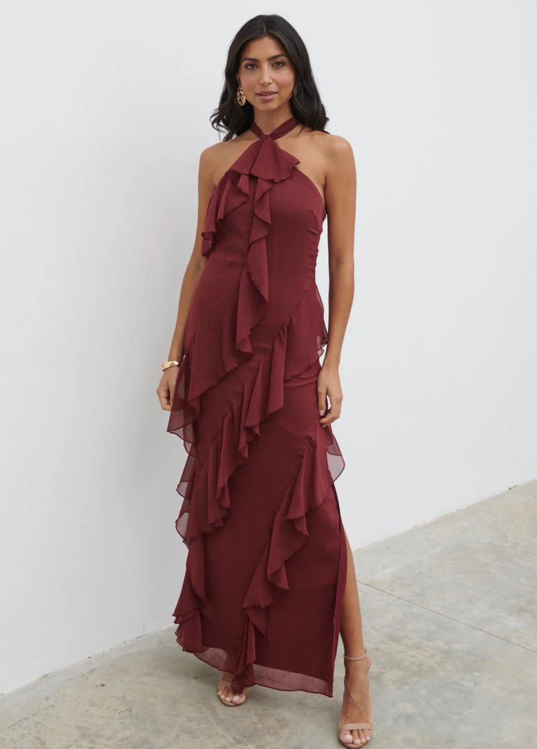 Aria Halter Neck Ruffle Maxi Dress - Wine - Image 3