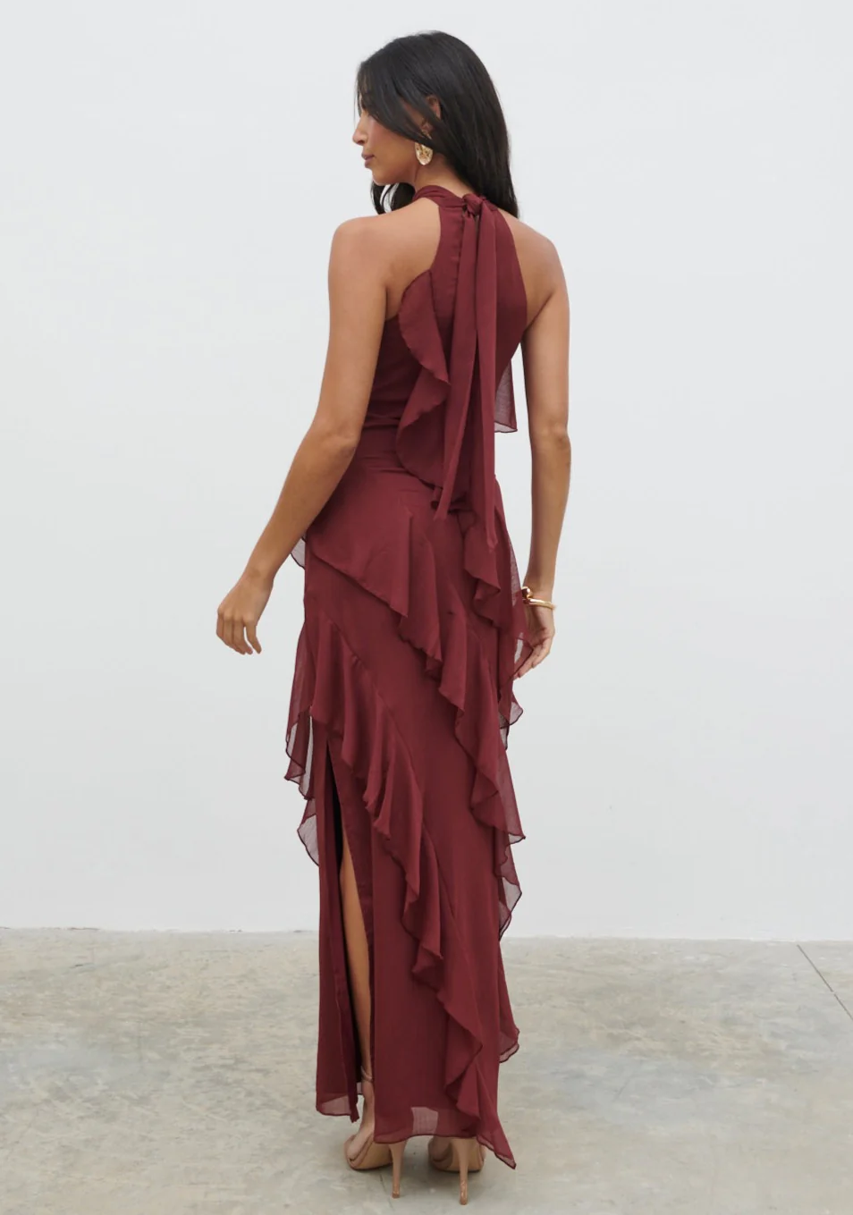 Aria Halter Neck Ruffle Maxi Dress - Wine - Image 4