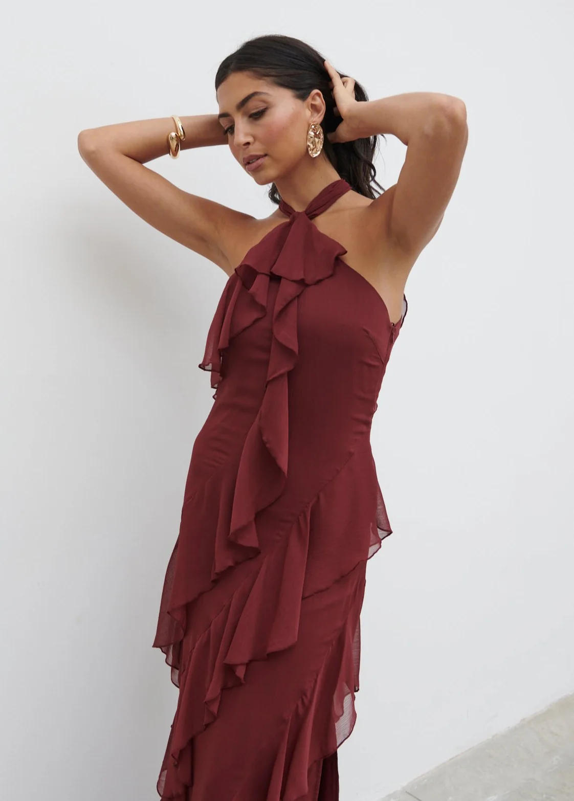 Aria Halter Neck Ruffle Maxi Dress - Wine - Image 5