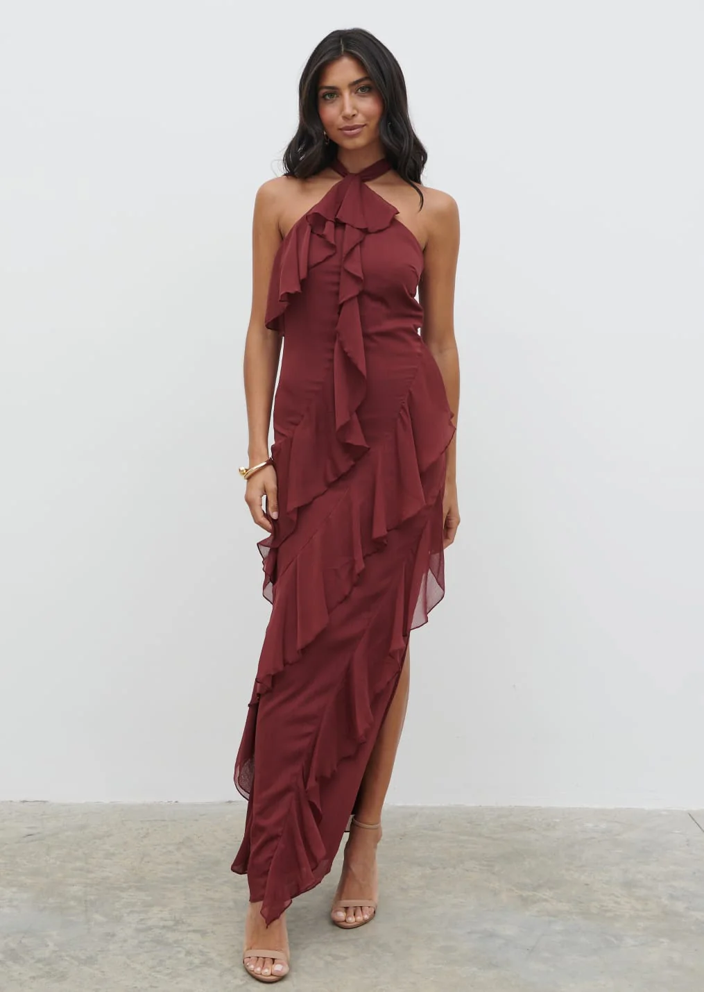 Aria Halter Neck Ruffle Maxi Dress - Wine - Image 6