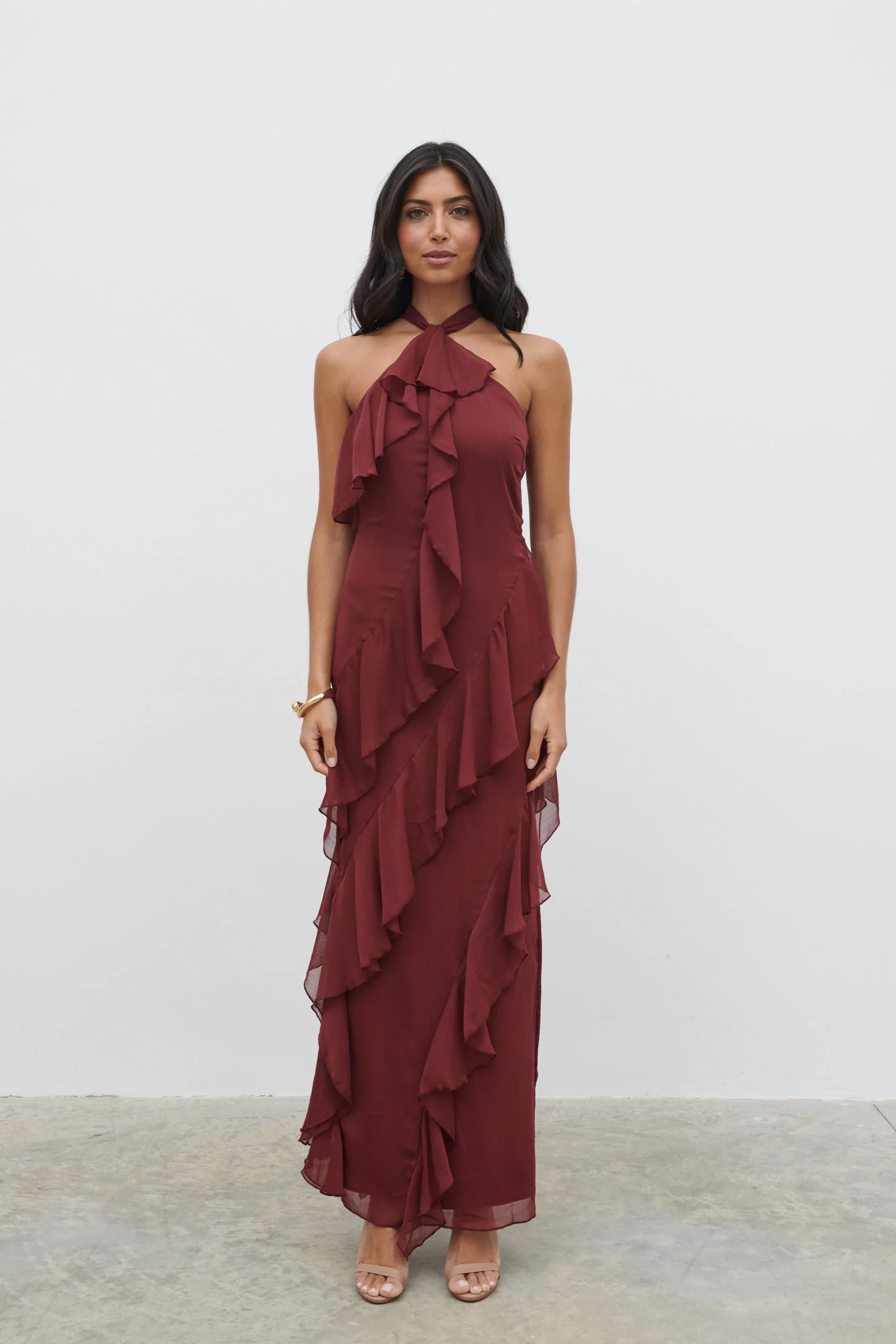 Aria Halter Neck Ruffle Maxi Dress - Wine - Image 7