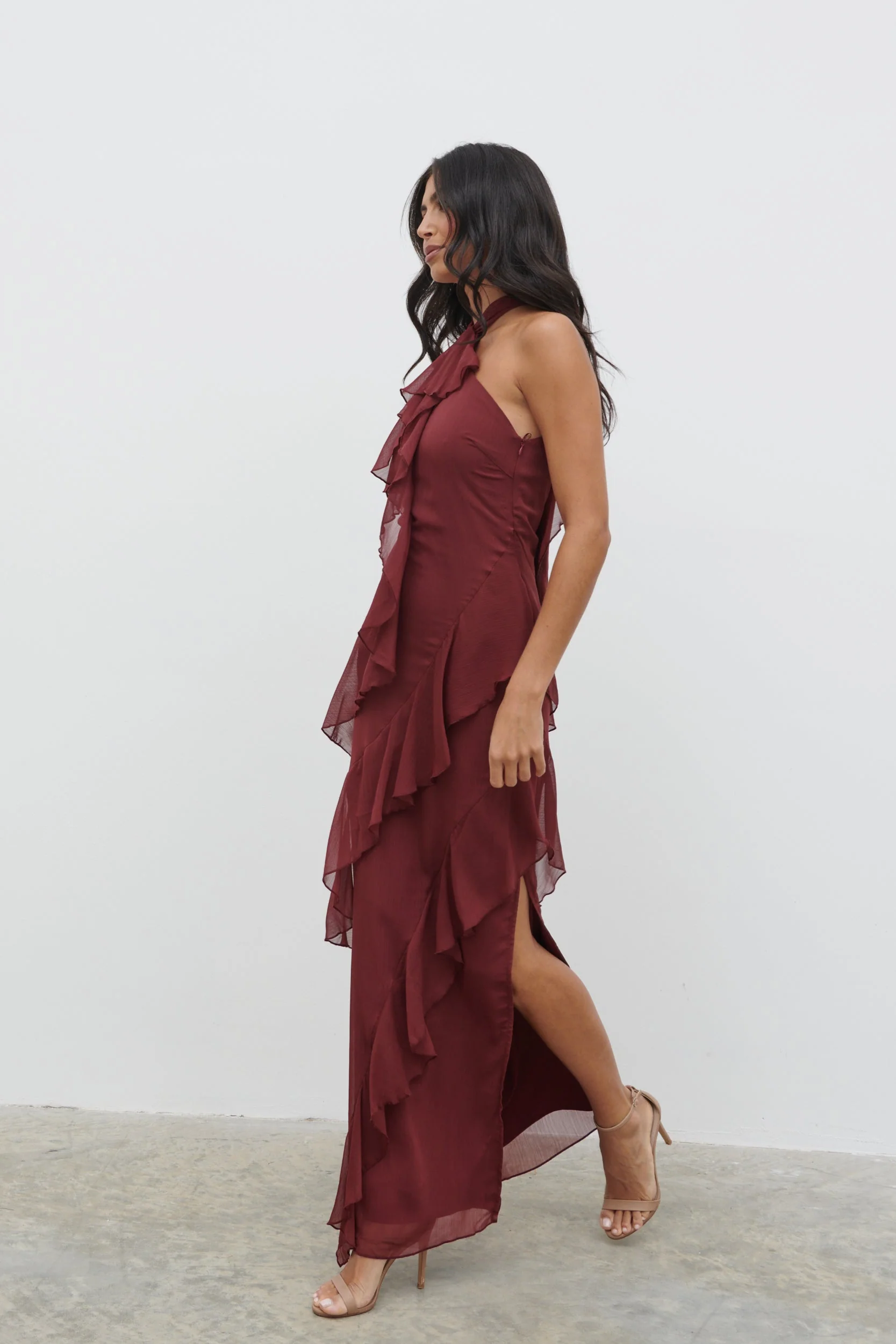 Aria Halter Neck Ruffle Maxi Dress - Wine - Image 8