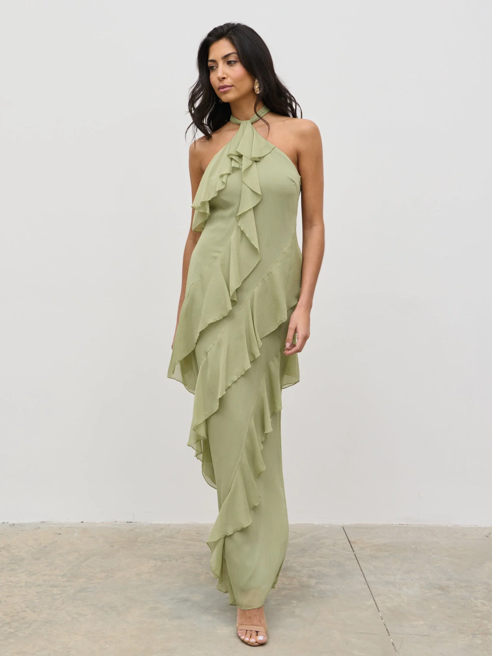 Aria Halterneck Ruffle Maxi Dress - Olive - Image 3