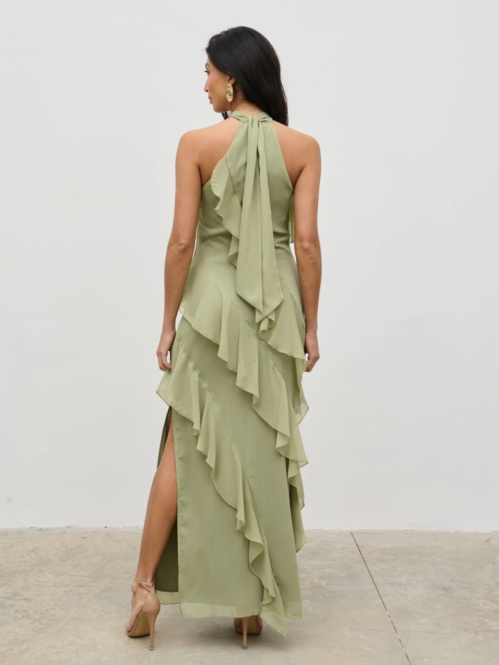Aria Halterneck Ruffle Maxi Dress - Olive - Image 6