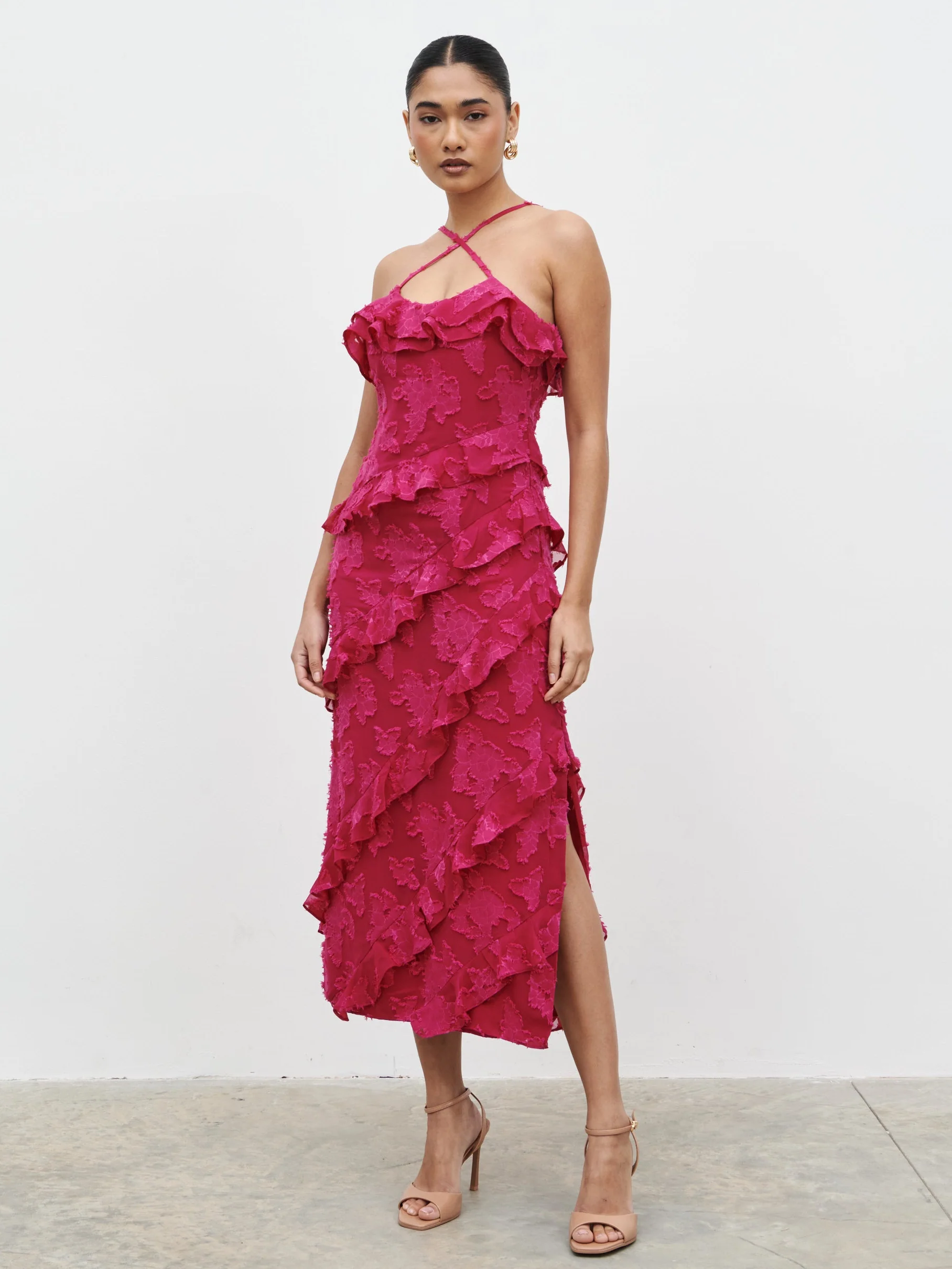 Aryana Jacquard Ruffle Midaxi Dress - Berry