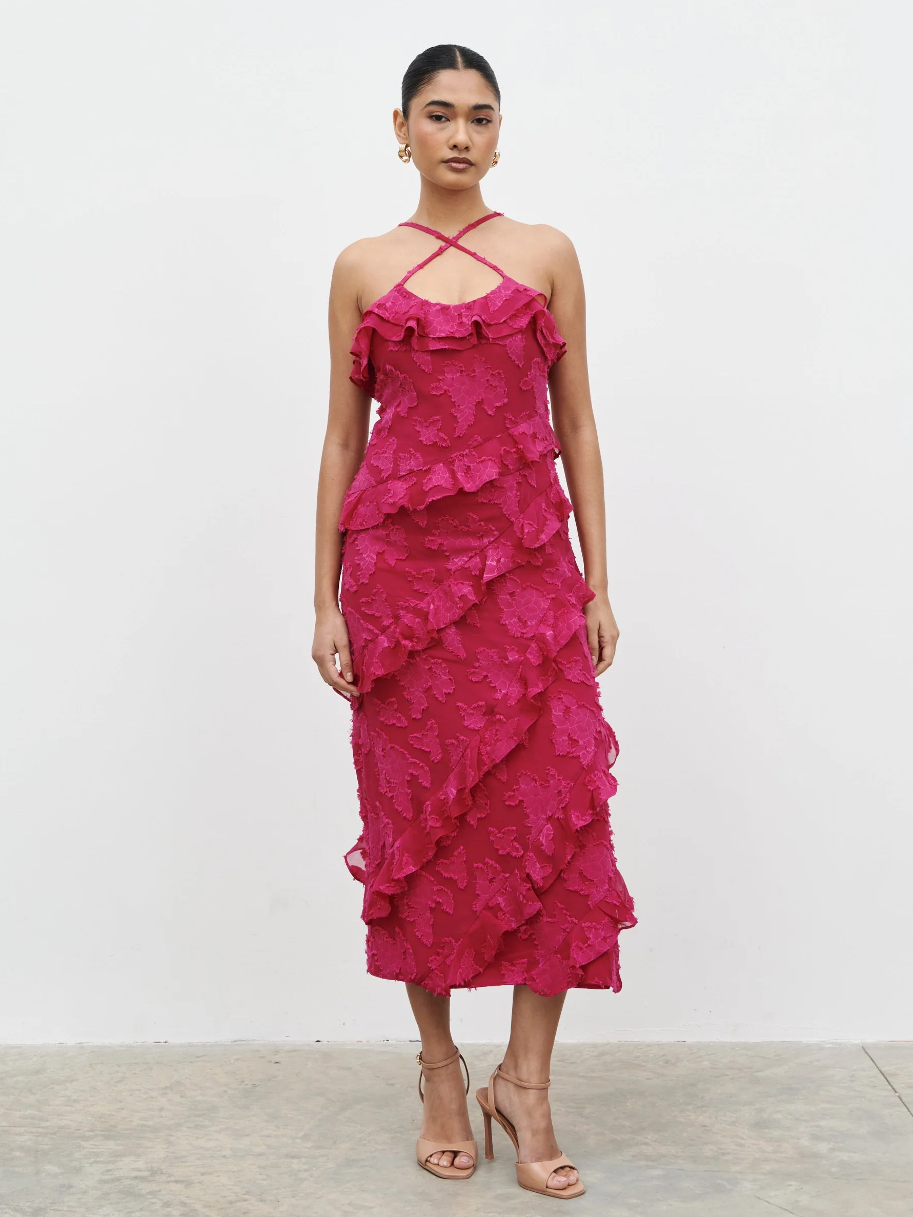 Aryana Jacquard Ruffle Midaxi Dress - Berry - Image 2