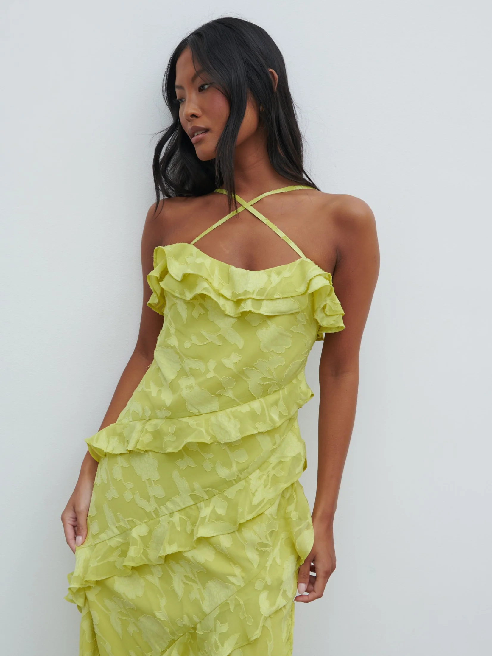 Aryana Jacquard Ruffle Midaxi Dress - Chartreuse - Image 4